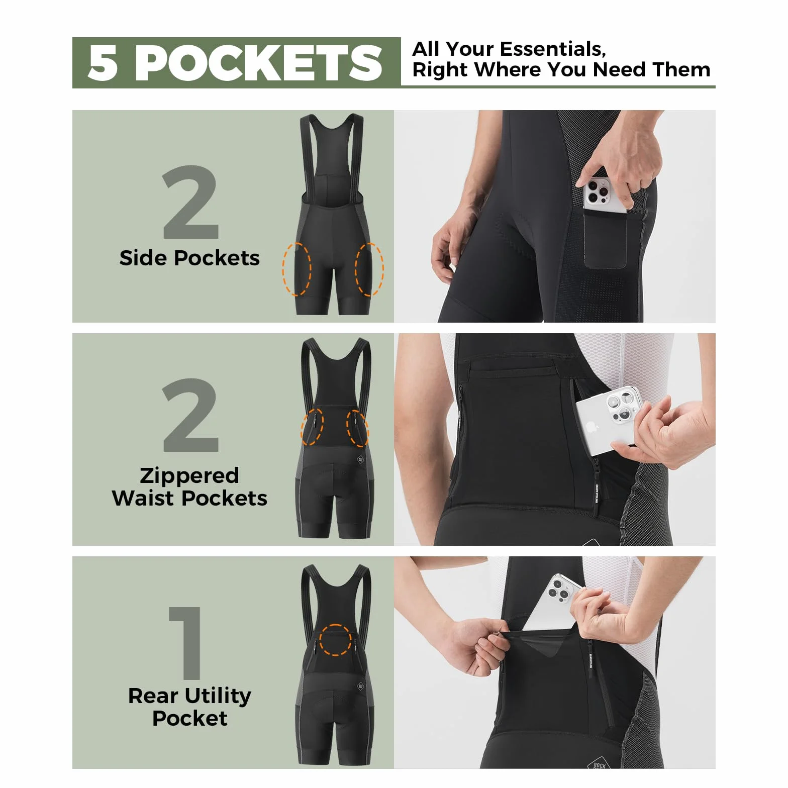 ROCKBROS Letnie męskie spodenki rowerowe z szelkami, spodenki z 5 kieszeniami, oddychające i elastyczne ergonomiczne wyściełane antywibracyjne do rowerów szosowych i MTB, czarne