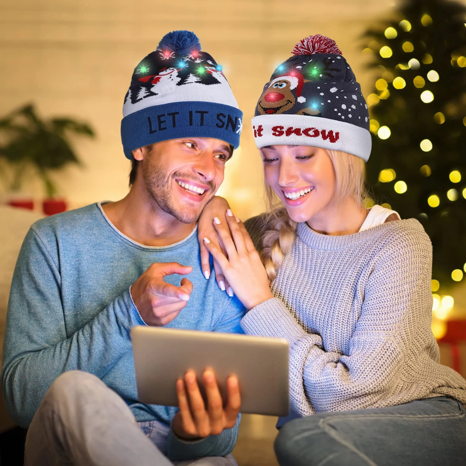Diealles Shine Czapka bożonarodzeniowa ze światłem LED, lekka miękka czapka beanie, ciepła czapka zimowa, czapka z dzianiny Xmas dla kobiet i mężczyzn, dzieci (REH), czerwony, M