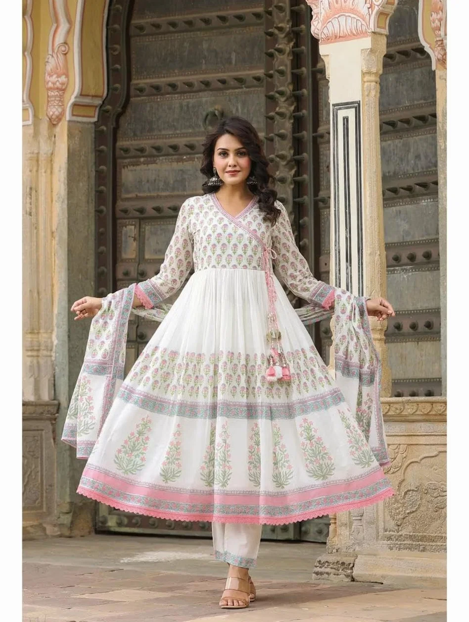 RangMahal indyjskie damskie spodnie z czystej bawełny haftowane Anarkali Kurta Tussle Dupatta zestaw