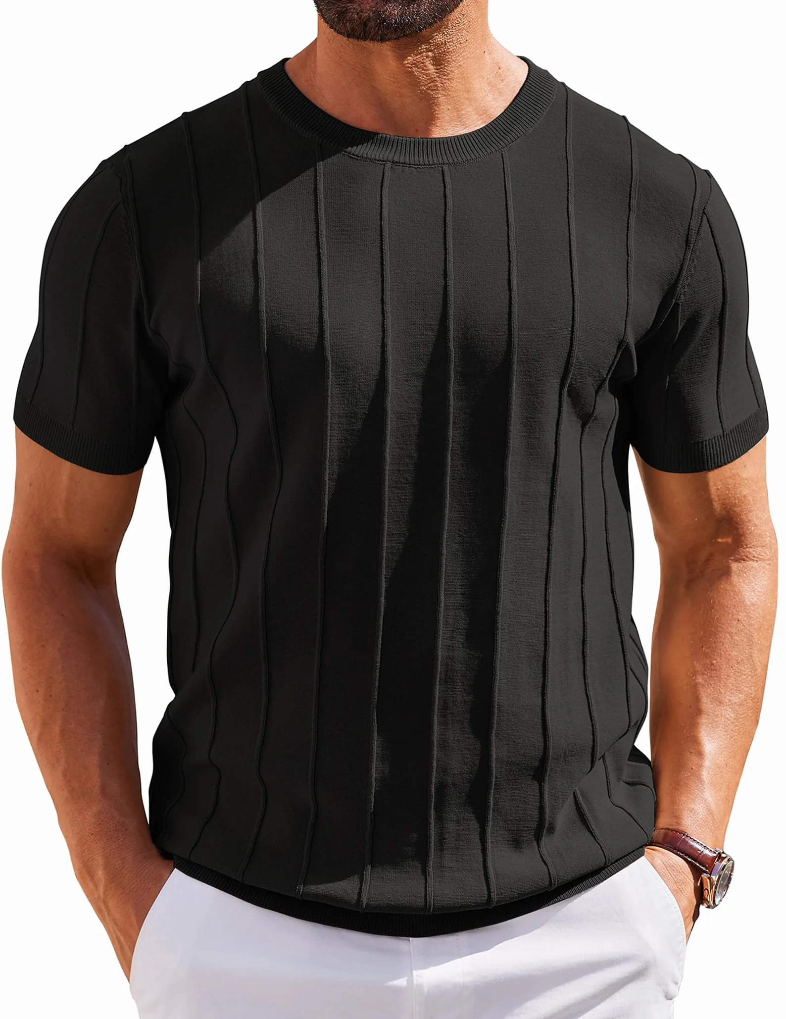 COOFANDY Męski T-shirt z krótkim rękawem, oryginalna dzianina z okrągłym dekoltem, na lato, na co dzień, w paski