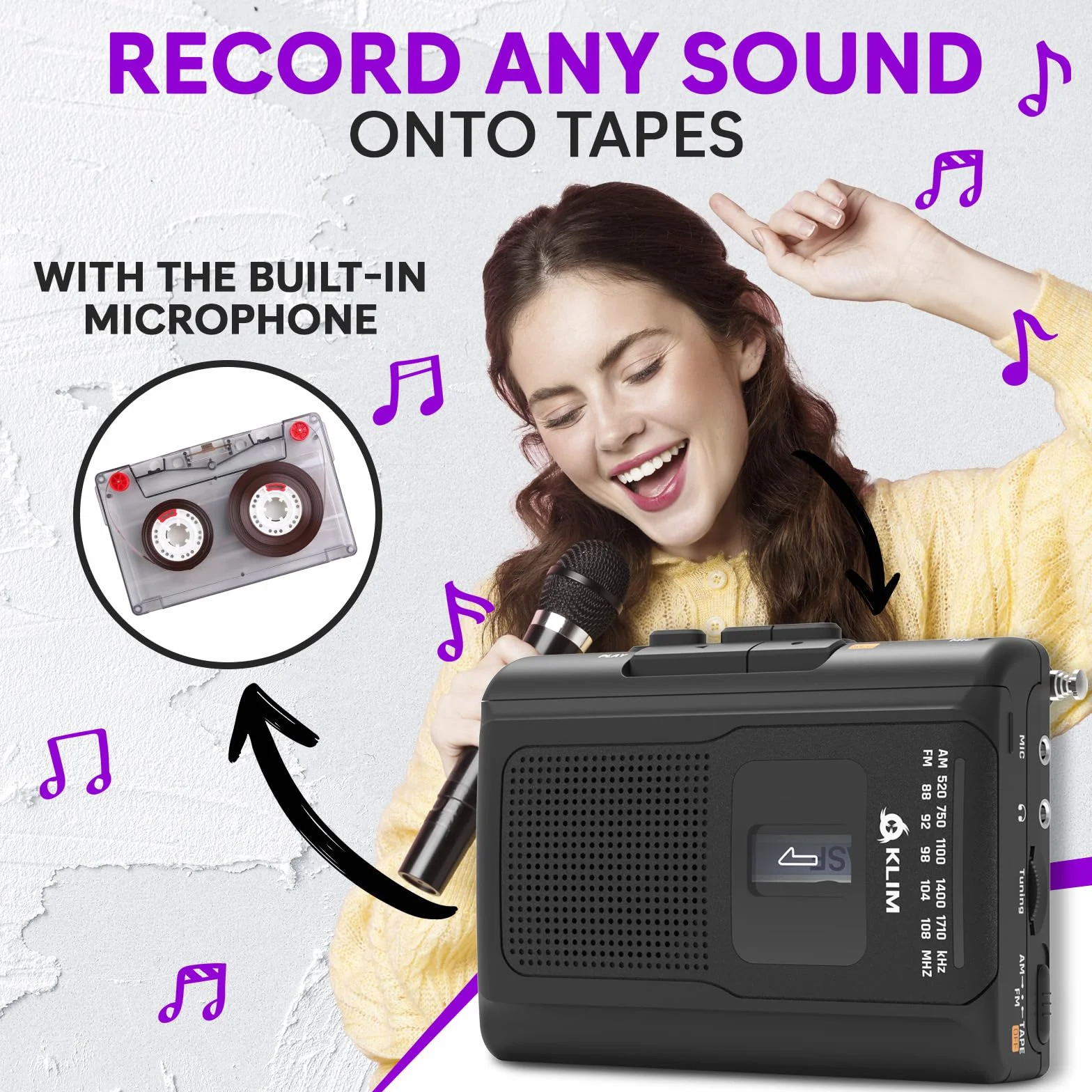 KLIM K8 Audio Cassette Recorder - NOWY odtwarzacz kasetowy, odtwarzacz kasetowy AM/FM, wbudowany mikrofon i głośnik, gniazdo słuchawkowe