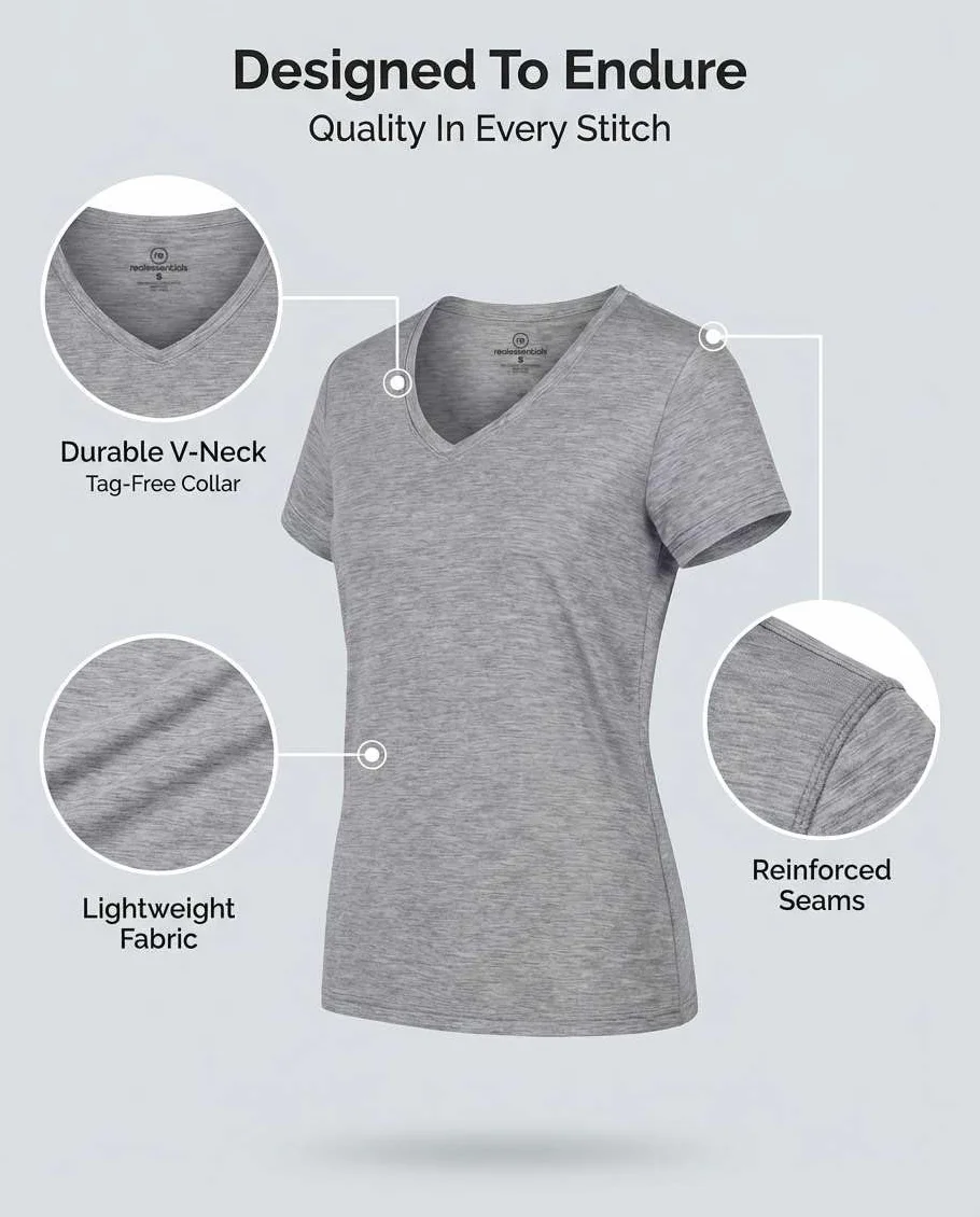 Real Essentials zestaw 5 koszulek: Damska koszulka sportowa z krótkim rękawem i dekoltem w serek z technologią Dry-Fit do uprawiania jogi (dostępna w rozmiarze Plus).