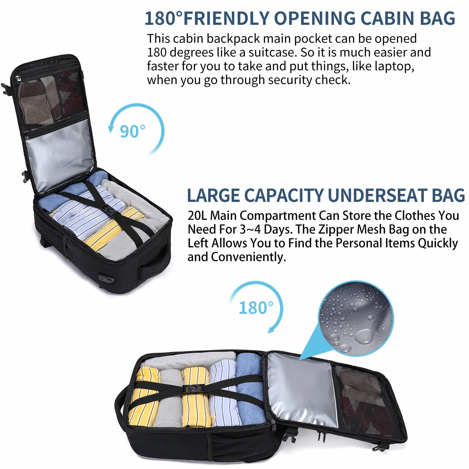Torby kabinowe pod siedzenie, plecak podróżny, rozmiar kabiny, plecak do samolotu, bagaż podręczny, torba do samolotu, torba lotnicza z portem ładowania USB, Czarny-S, Ryanair 40x20x25cm(20L), Casual