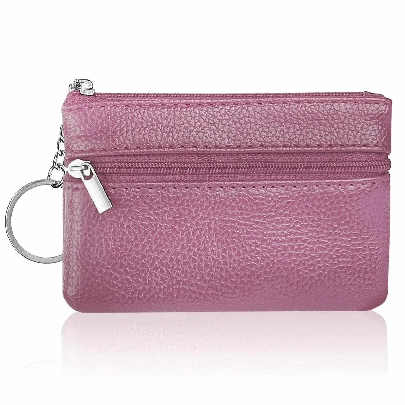 Aucuu Skórzany portfel na zamek błyskawiczny, etui na karty i klucze, damski, mini, z 3 przegródkami i brelokiem, 12 x 8 cm, Różowy, 12x8cm, Pink