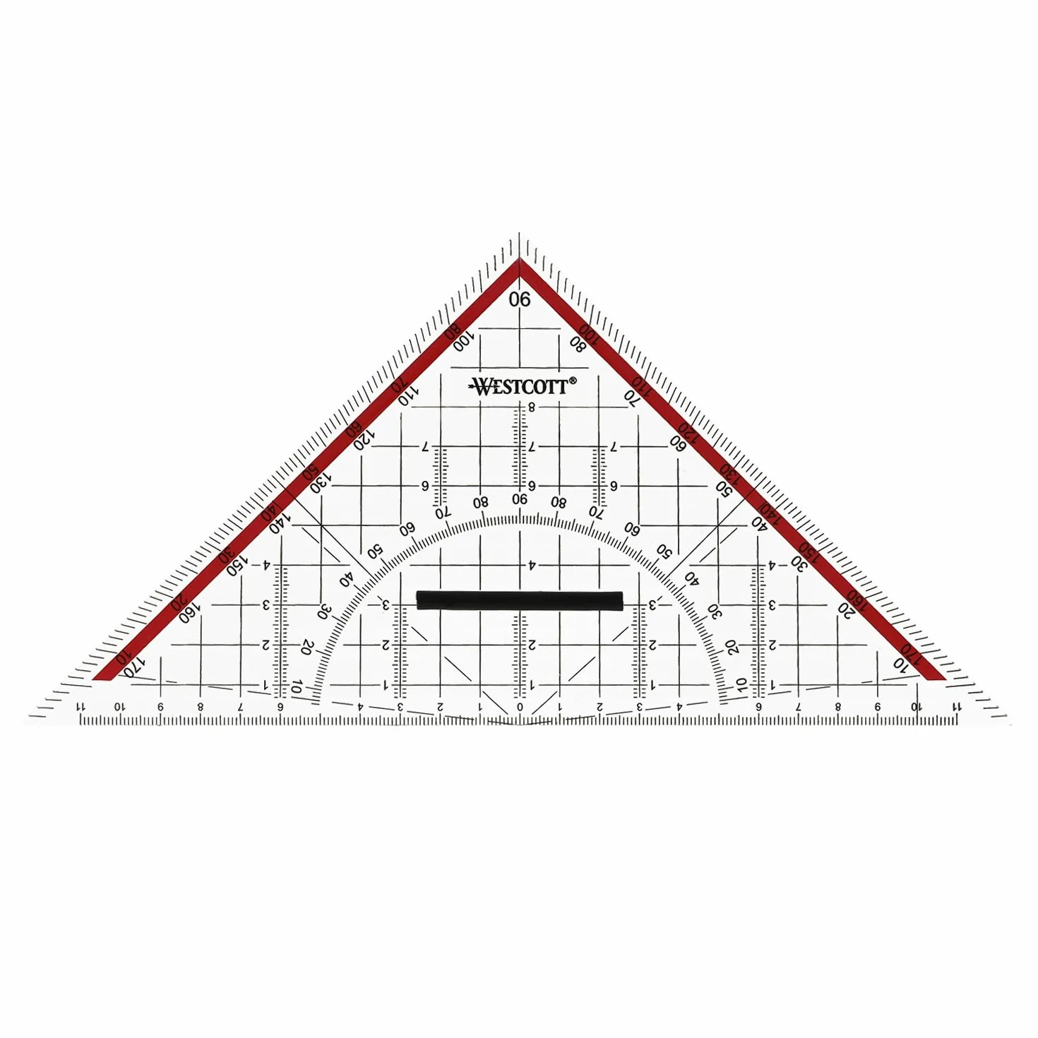 Westcott E-10142 00 ekierka 22 cm ze zdejmowanym uchwytem, przezroczysta ekierka z tworzywa sztucznego z czerwoną skalą, skala techniczna i kątomierz do szkoły, na uczelnię lub do biura
