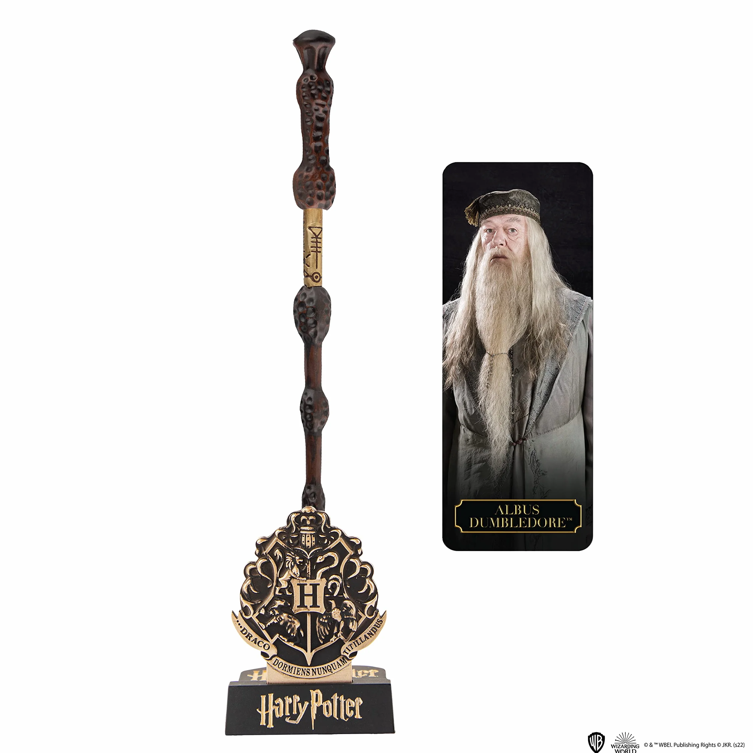 Cinereplicas Harry Potter - Magiczna różdżka Albus Dumbledore z podstawką i soczewkową zakładką - Oficjalna licencja