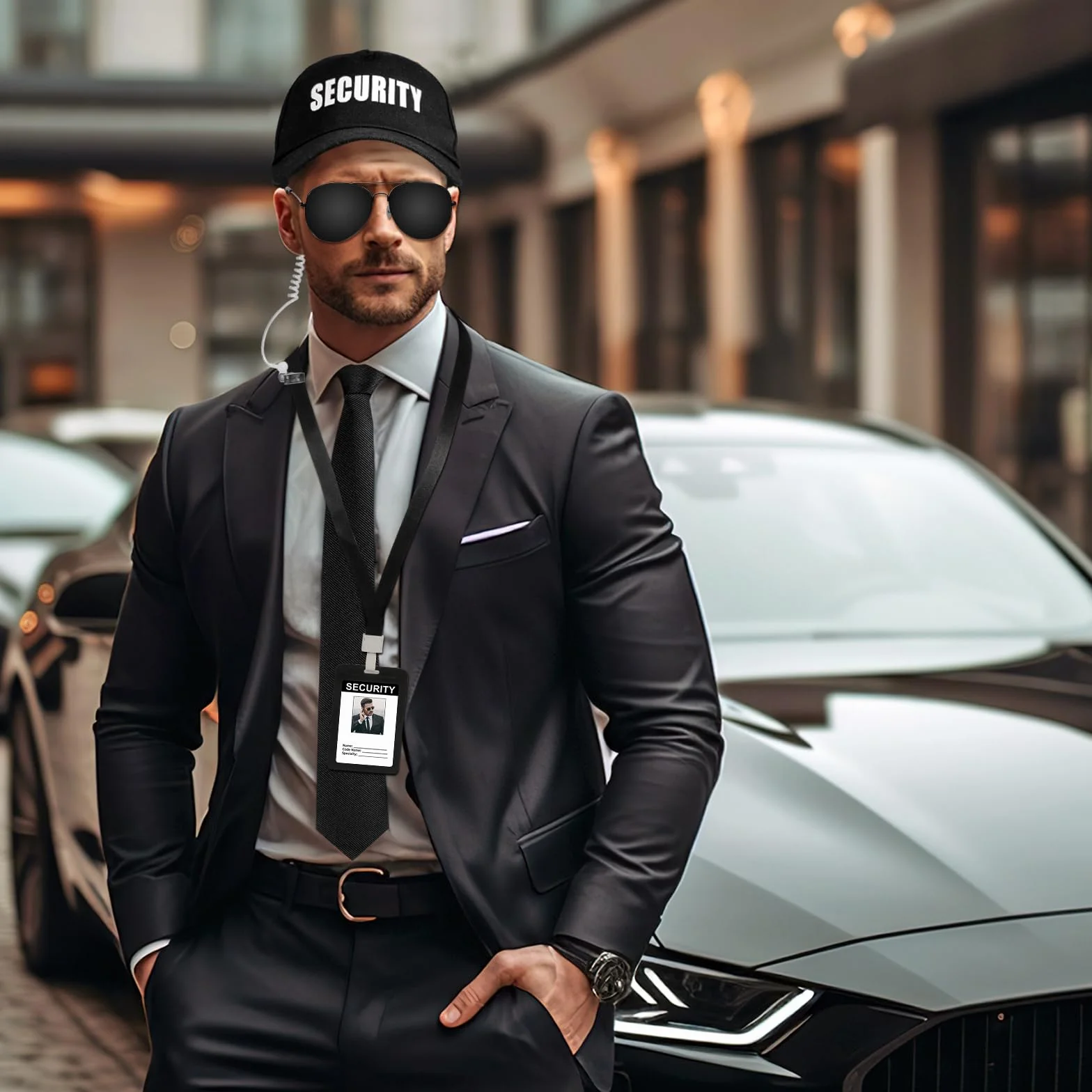 Zestaw kostiumowy, tajny agent, ochrona z okularami przeciwsłonecznymi, ucho, dowód osobisty, kapelusz, regulowany krawat dla mężczyzn i chłopców, Halloween, Cosplay, impreza, akcesoria