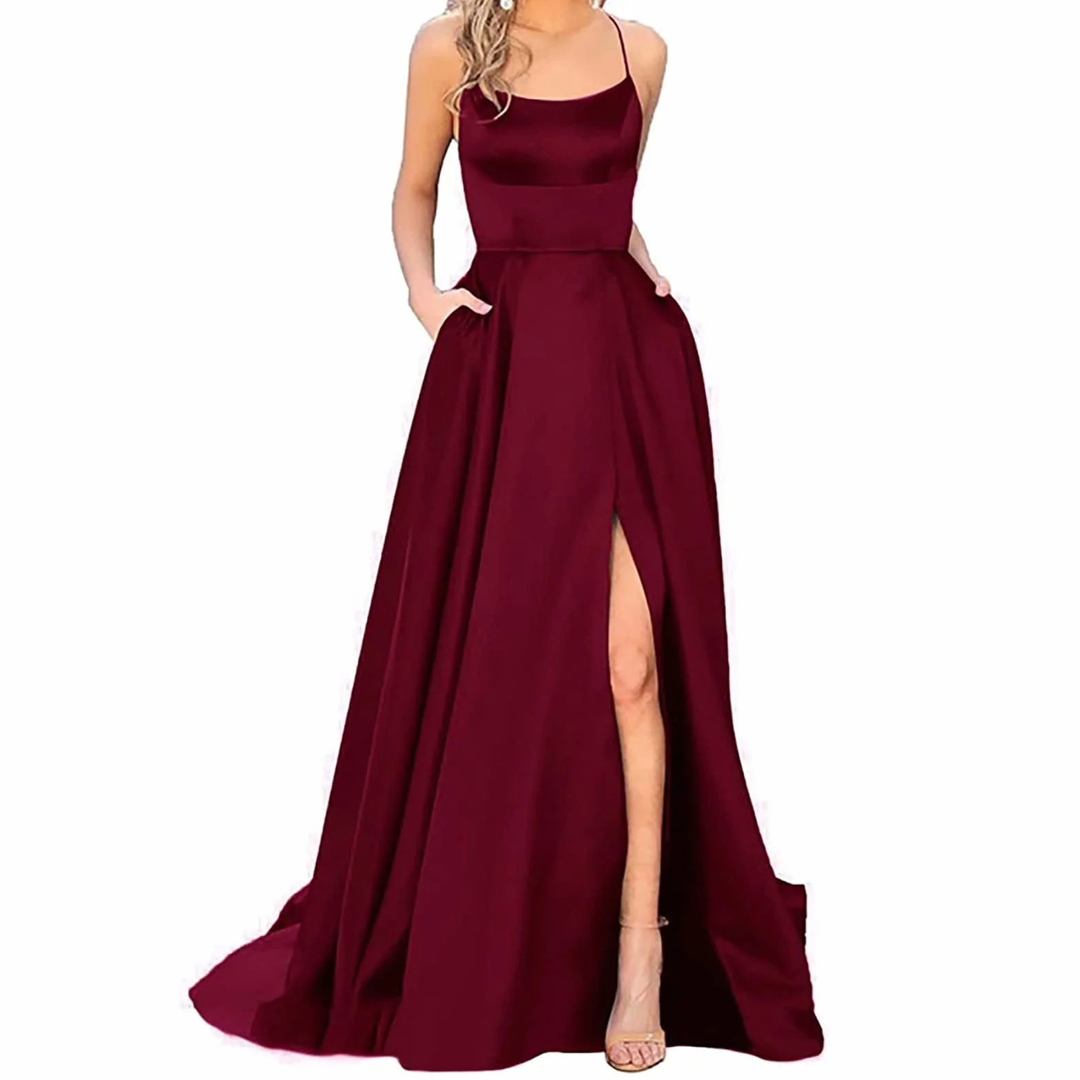 Elegancka sukienka na bal dla kobiet, satynowa, w kształcie litery A, bez pleców, sukienka weselna, wieczorowa, z odkrytymi ramionami, na imprezę, z koronkowym dekoltem, z rozcięciem, dla druhny