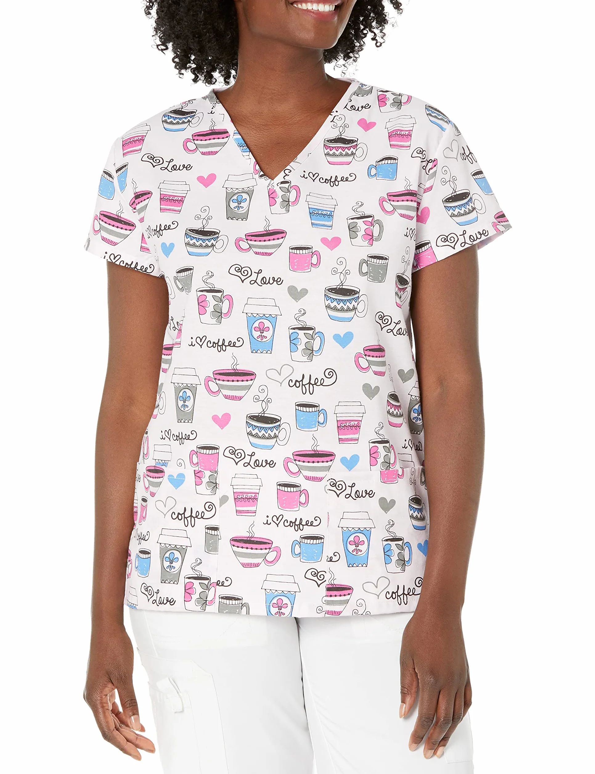 24|7 Comfort Scrubs Damska odzież robocza 24/7 Comfort, dekolt w serek, odzież robocza, I Love Coffee Pink, duży, "I Love Coffee Pink, L