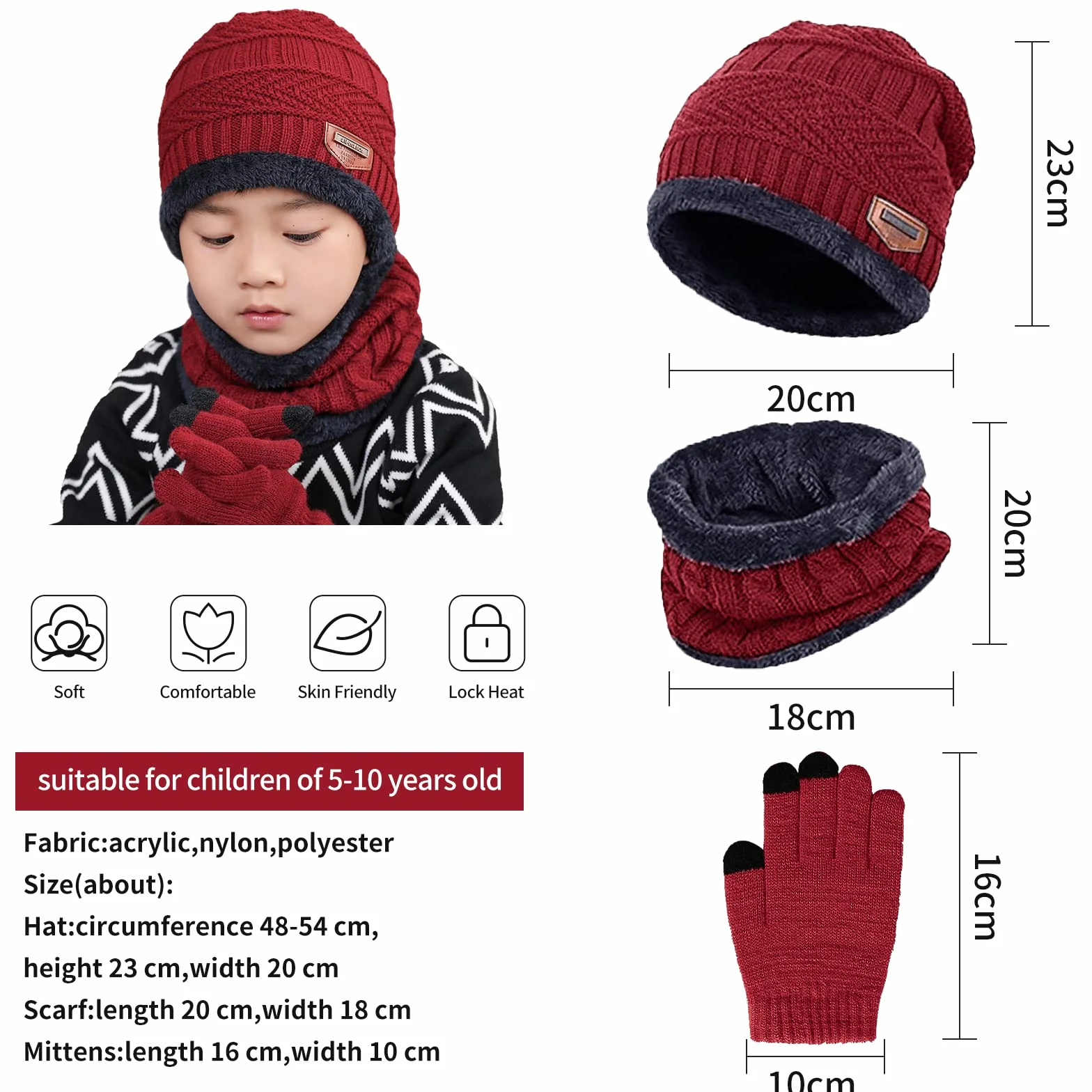 Czapka zimowa dla dzieci, szalik, rękawiczki, 3 szt., z polaru, czapka z dzianiny, ciepła czapka, szalik i ekran dotykowy, zestaw rękawiczek, pogrubiony polar, dla chłopców i dziewczynek