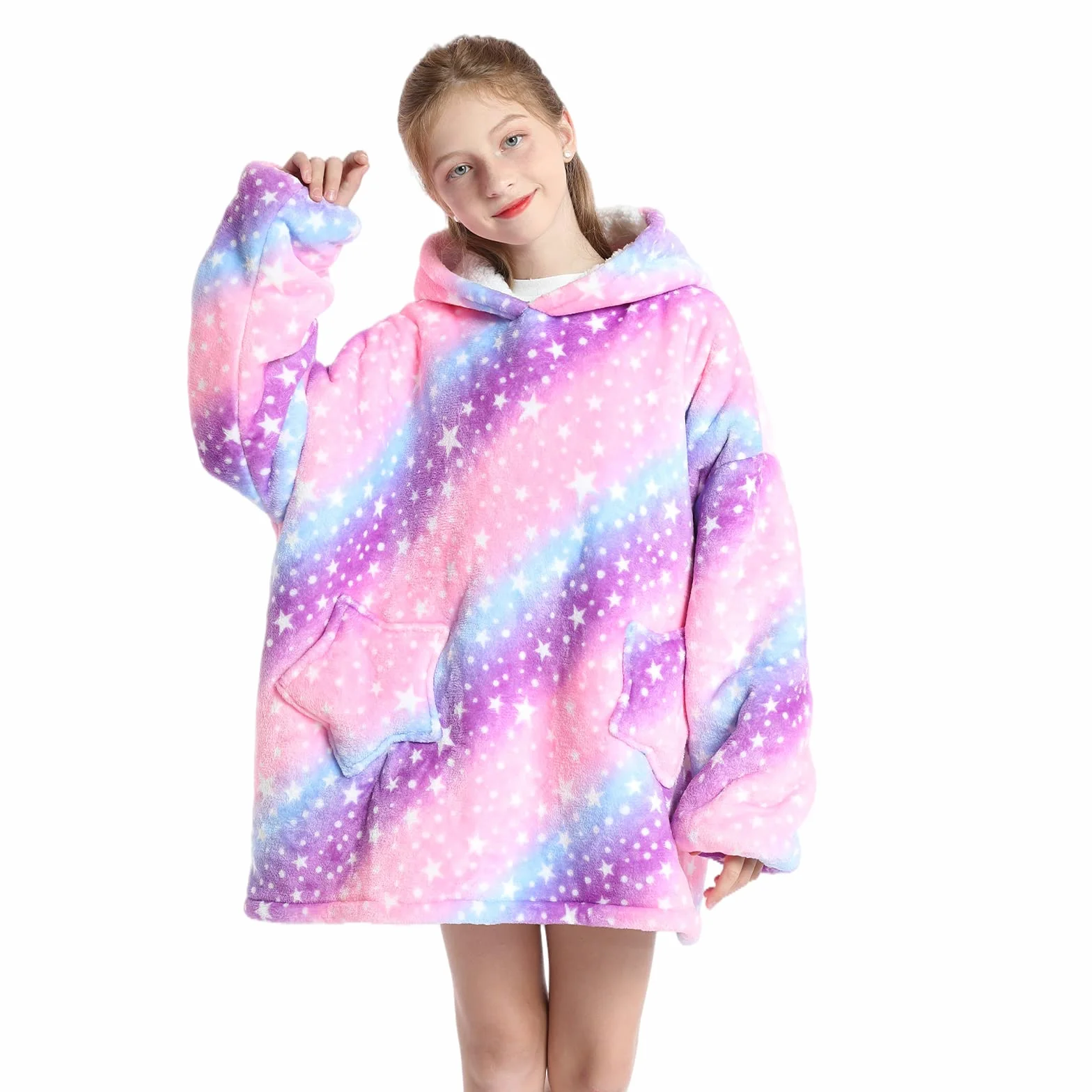 Wenlia Ponadwymiarowy koc z kapturem bluza dla dzieci, modna bluza z kapturem Sherpa nowość bluza dla dziewcząt, super ciepła flanelowa do noszenia na co dzień koc telewizyjny z kieszenią i rękawami - prezent dla córki, Fioletowy,