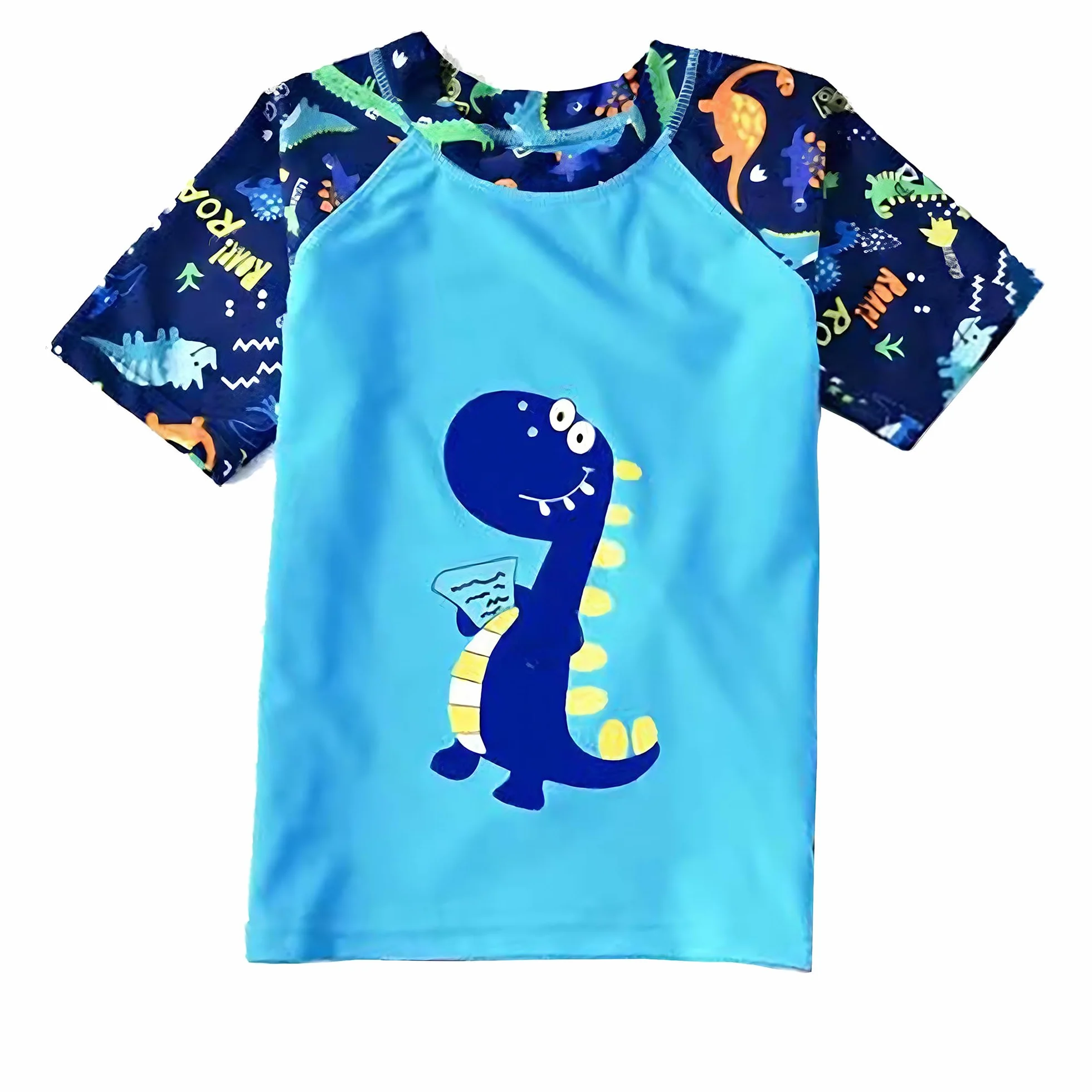 Chłopięcy kostium pływacki dla dzieci dwuczęściowy strój kąpielowy dziecięcy Rash Guard T-shirt szorty kąpielowe zestaw dinozaurów stroje kąpielowe
