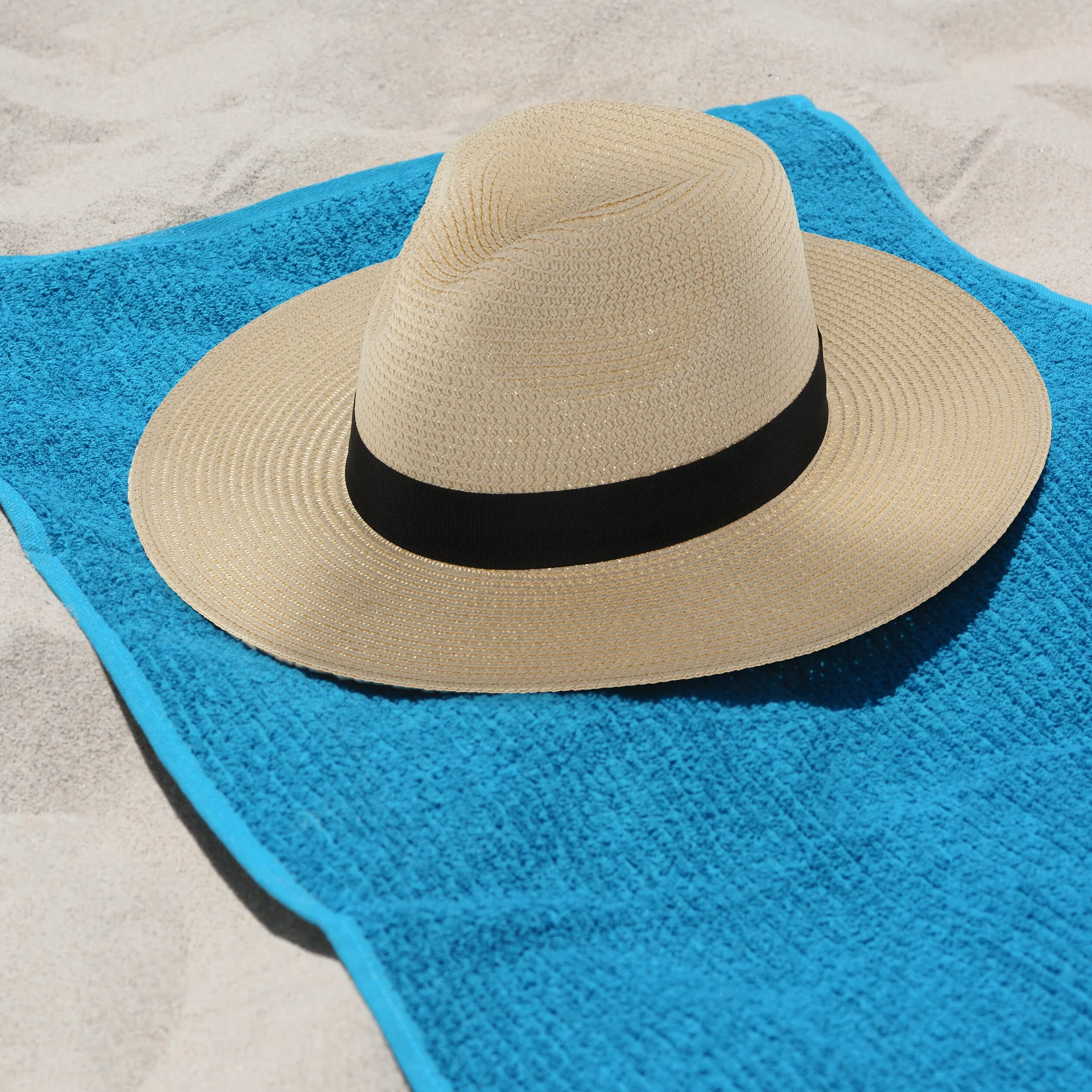 Relaxdays Kapelusz panama, dla kobiet i mężczyzn, kapelusz słomkowy ze wstążką rypsową, szerokie rondo, na obwód głowy: 54 cm, kapelusz Fedora, beżowy