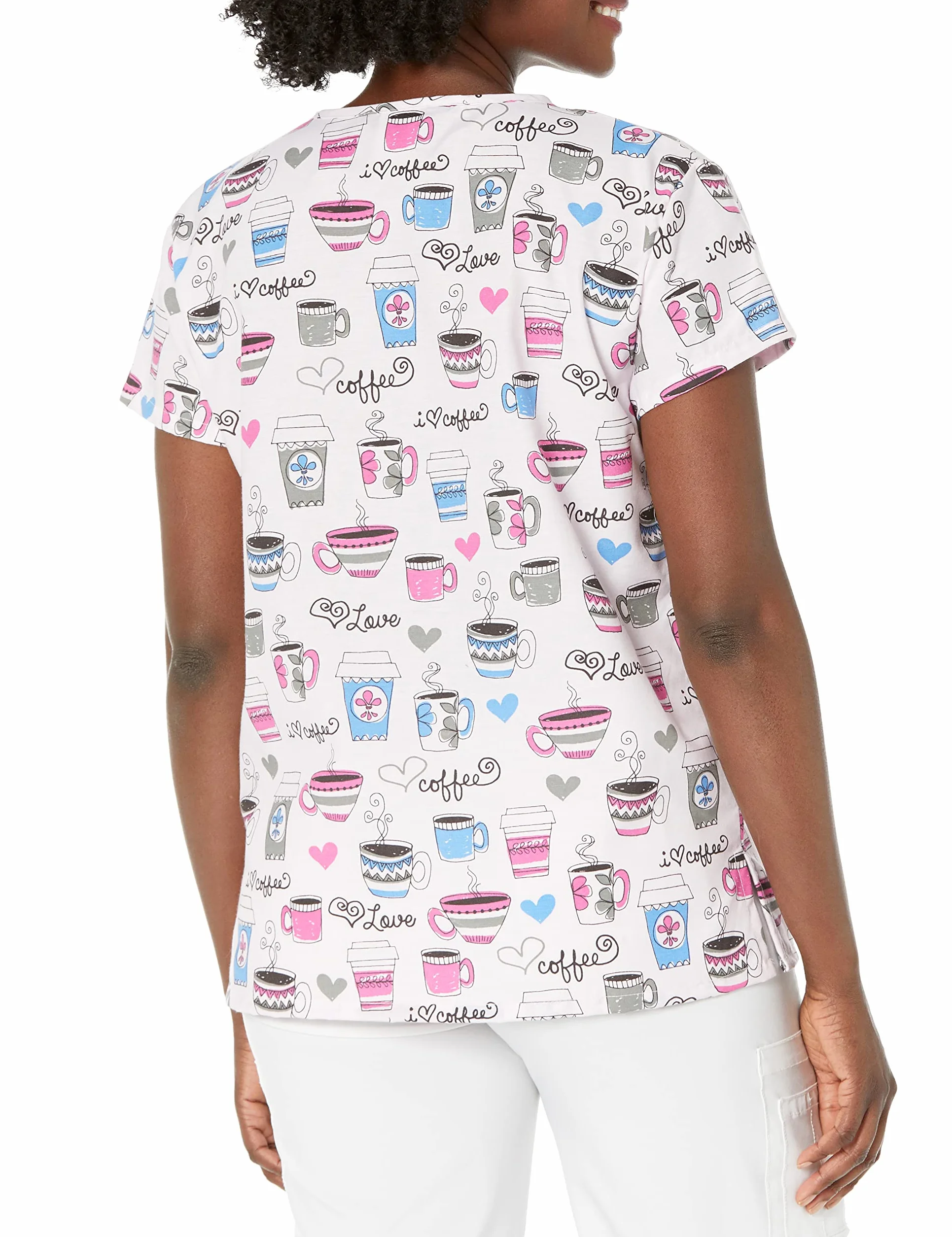 24|7 Comfort Scrubs Damska odzież robocza 24/7 Comfort, dekolt w serek, odzież robocza, I Love Coffee Pink, duży, "I Love Coffee Pink, L