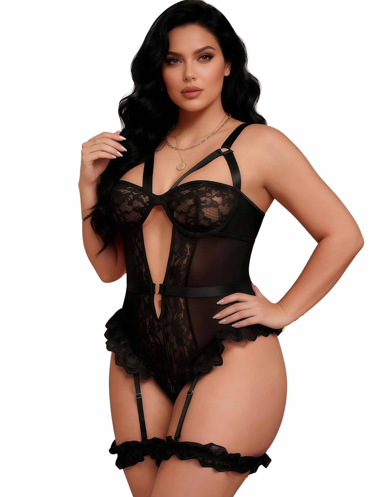 ohyeahlady Seksowne body damskie Hot Curvy Plus Size Babydoll Koronkowa otwarta bez rękawów bielizna z podwiązkami na nogi seksowna bielizna twardy top bodysuit Teddy
