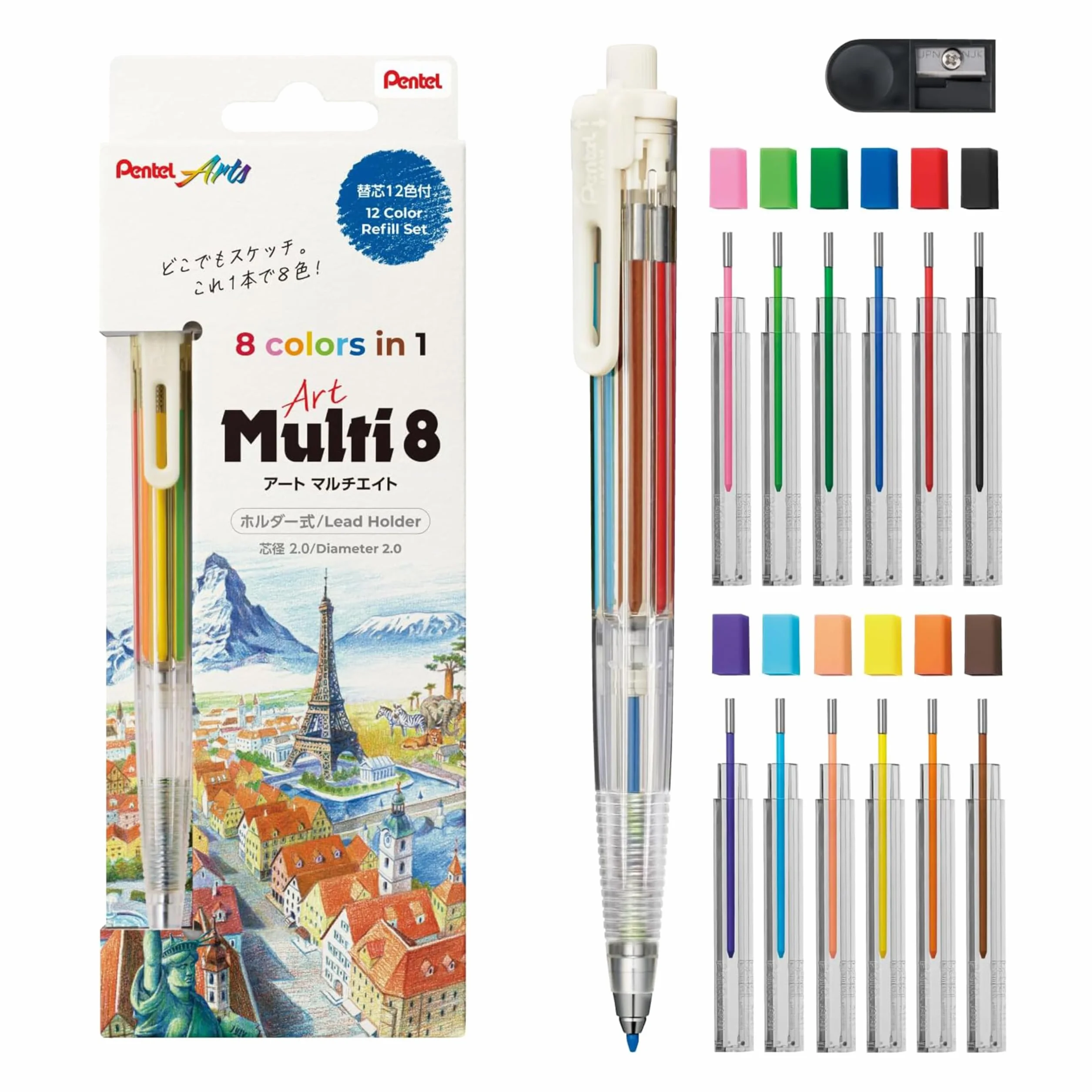 Pentel Art Multi 8 – wielokolorowy uchwyt na wkłady z 8 wkładami kolorowymi + zestaw wkładów zapasowych (XPH804ST)