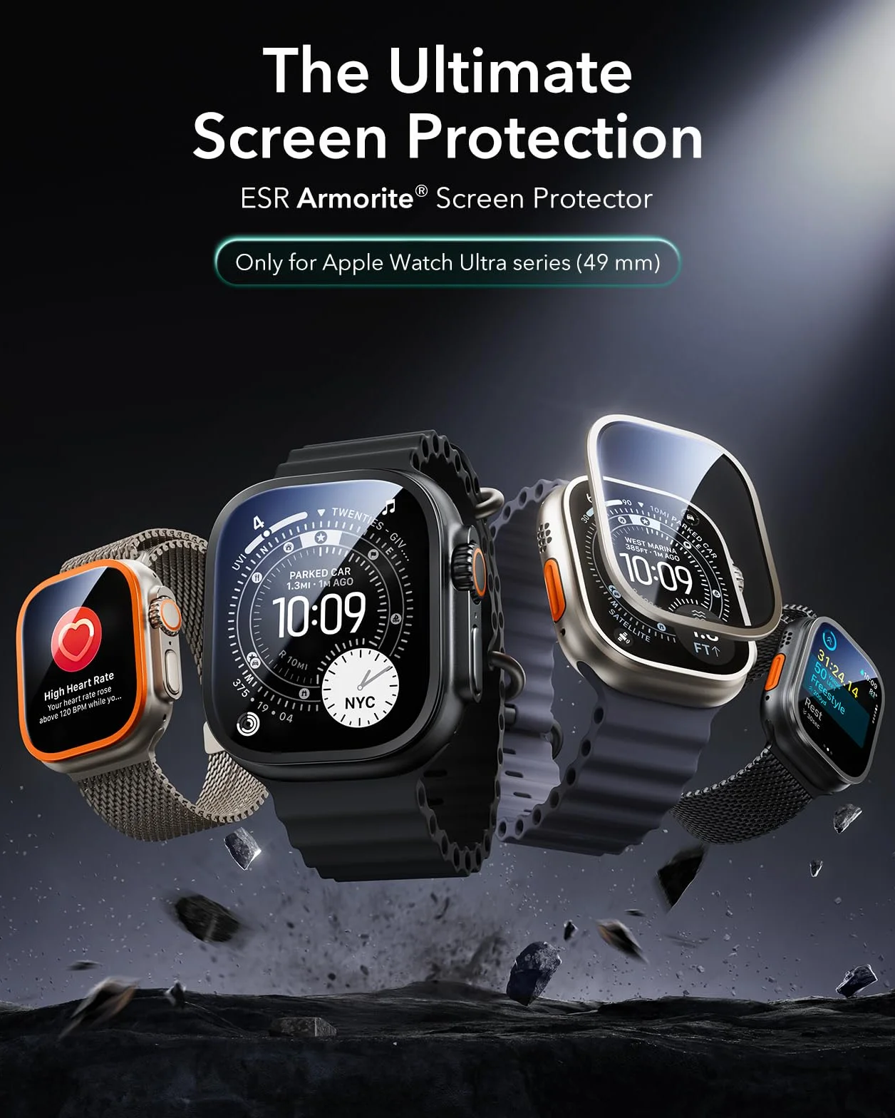 ESR Armorite Folia ochronna do zegarka Apple Watch Ultra 2/1 (2024/2023/2022, 49 mm), ochrona wyświetlacza z hartowanego szkła z aluminiową ramą, ochrona na całej powierzchni, pomarańczowa, 2 sztuki