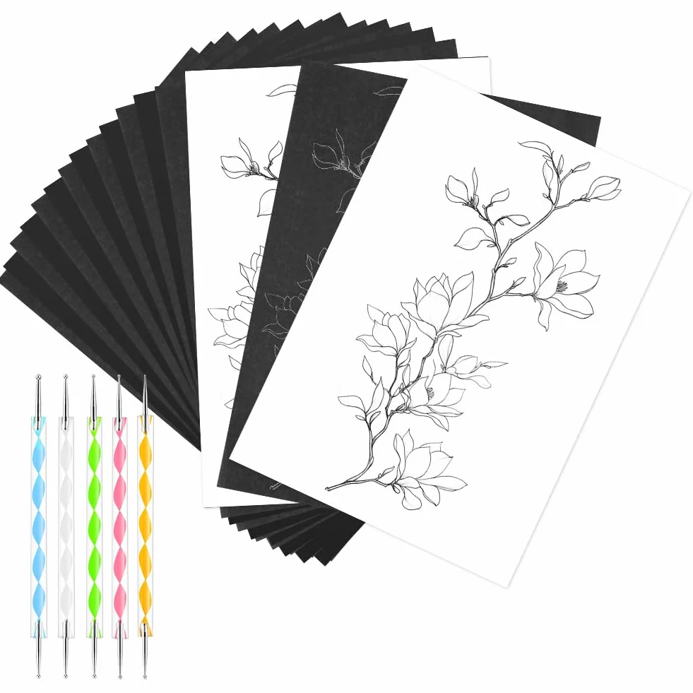 OSDUE Czarny papier kalkowy,100 arkuszy, kalka kreślarska A4 papier,czarny papier grafitowy transferowy z 5 rysikami do odrysowywania wzorów na drewnie, tkaninie, płótnie, napisach i szkicach