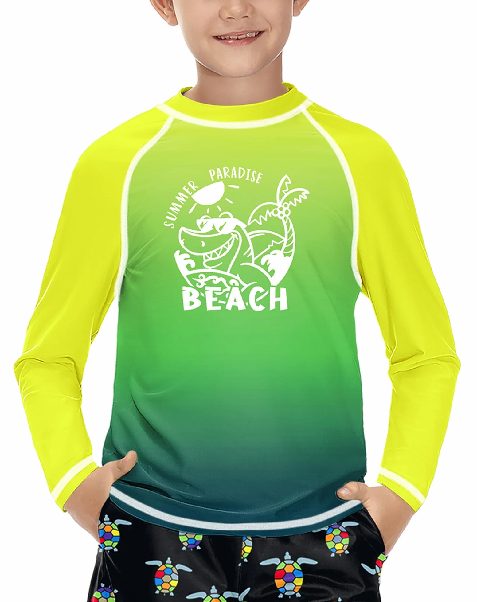 BesserBay Dziecięcy kostium kąpielowy z długim rękawem Rashguard szybkoschnący UV koszulka kąpielowa dla chłopców 110-160, Plaża żółto-zielona, 130