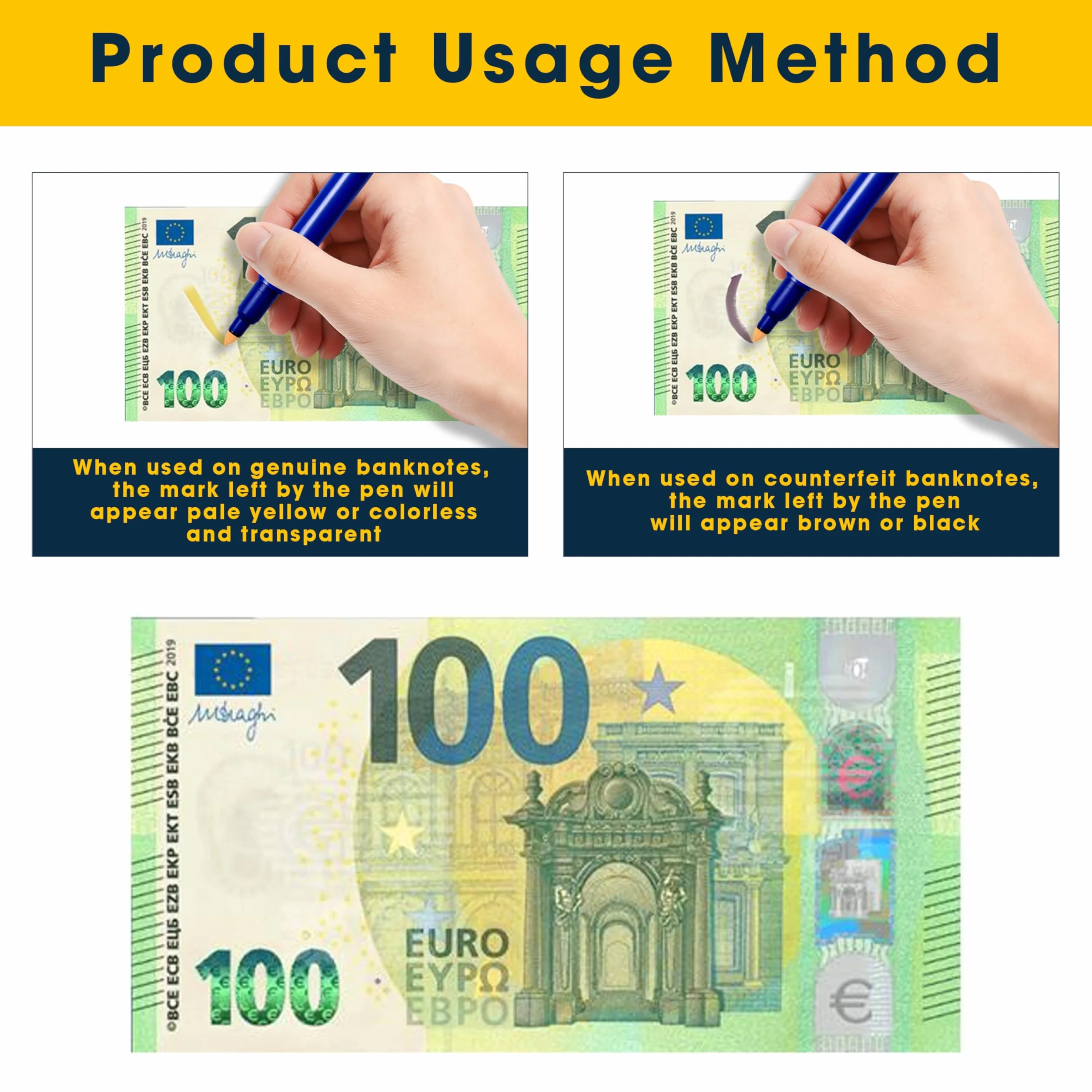 4 sztuki w zestawie są to długopisy do fałszywych banknotów, w tym markery do fałszywych banknotów i identyfikatorów banknotów, które służą do śledzenia fałszywych dolarów amerykańskich, euro (4