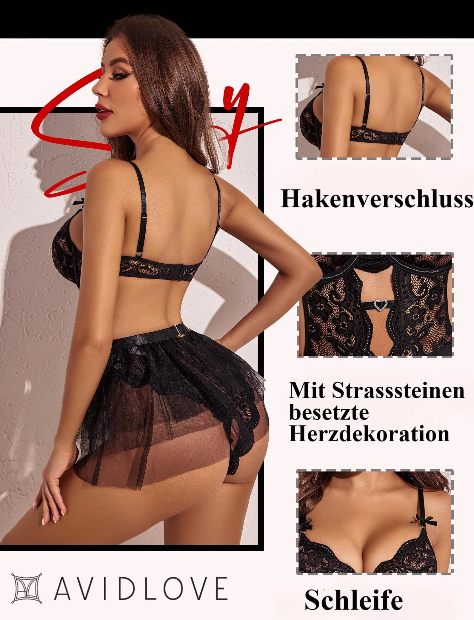 Avidlove Bielizna damska z odpinaną mini spódniczką z siateczki Push Up Teddy, zestaw bielizny