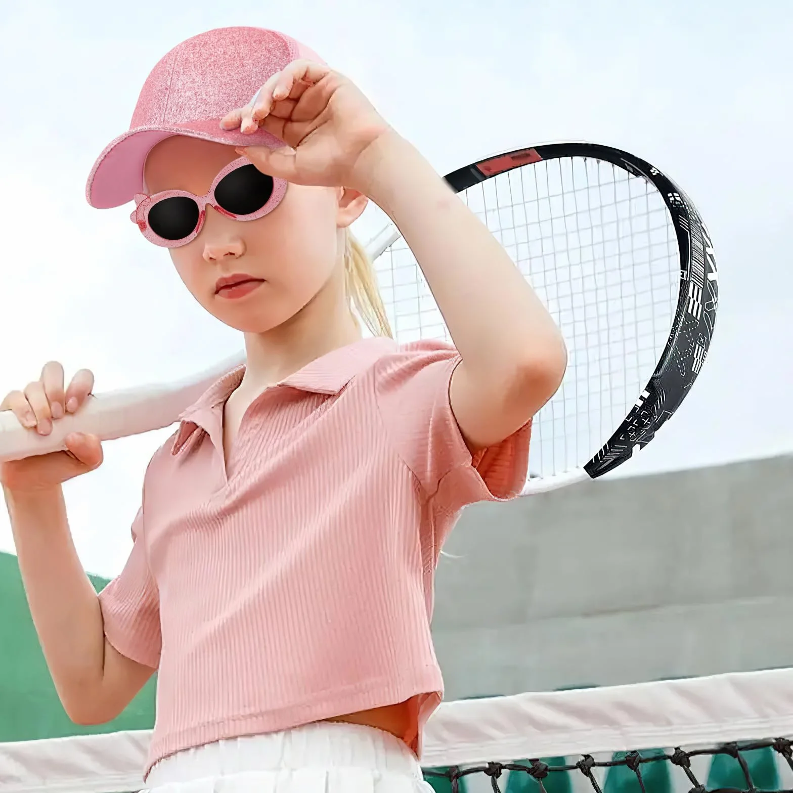 Dziewczyna Czapka z daszkiem z kucykiem, regulowana czapka z siatki i okulary przeciwsłoneczne Letnia czapka z brokatem dla dziewczynek Sport na świeżym powietrzu plaża (różowa), Różowy kolor, 3-10