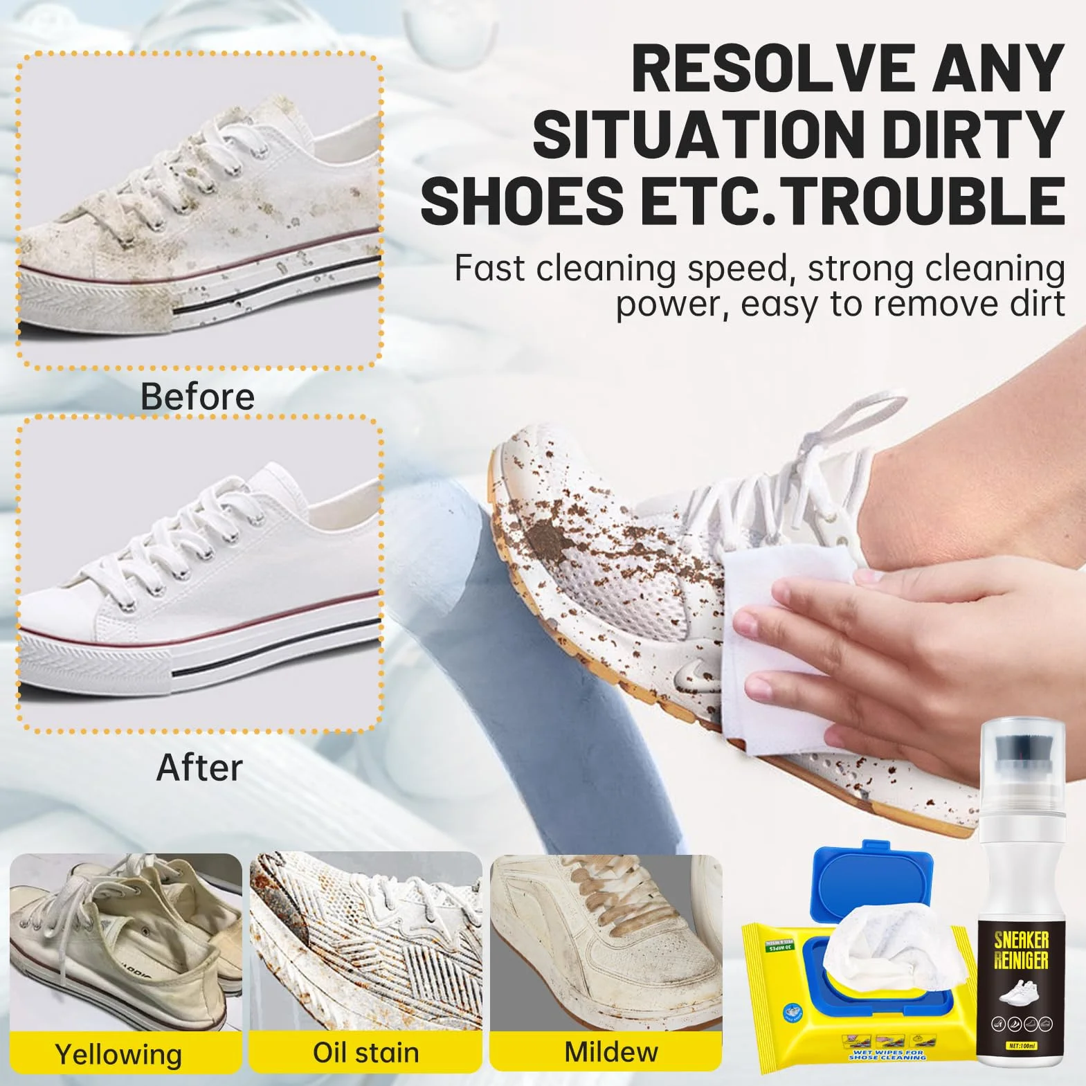 Allony Czyszczenie białych butów, czyszczenie butów + chusteczki do butów, zestaw do czyszczenia butów, szybkie i wygodne odkażanie, buty do sneakersów do białych butów, buty do butów, usuwanie plam i