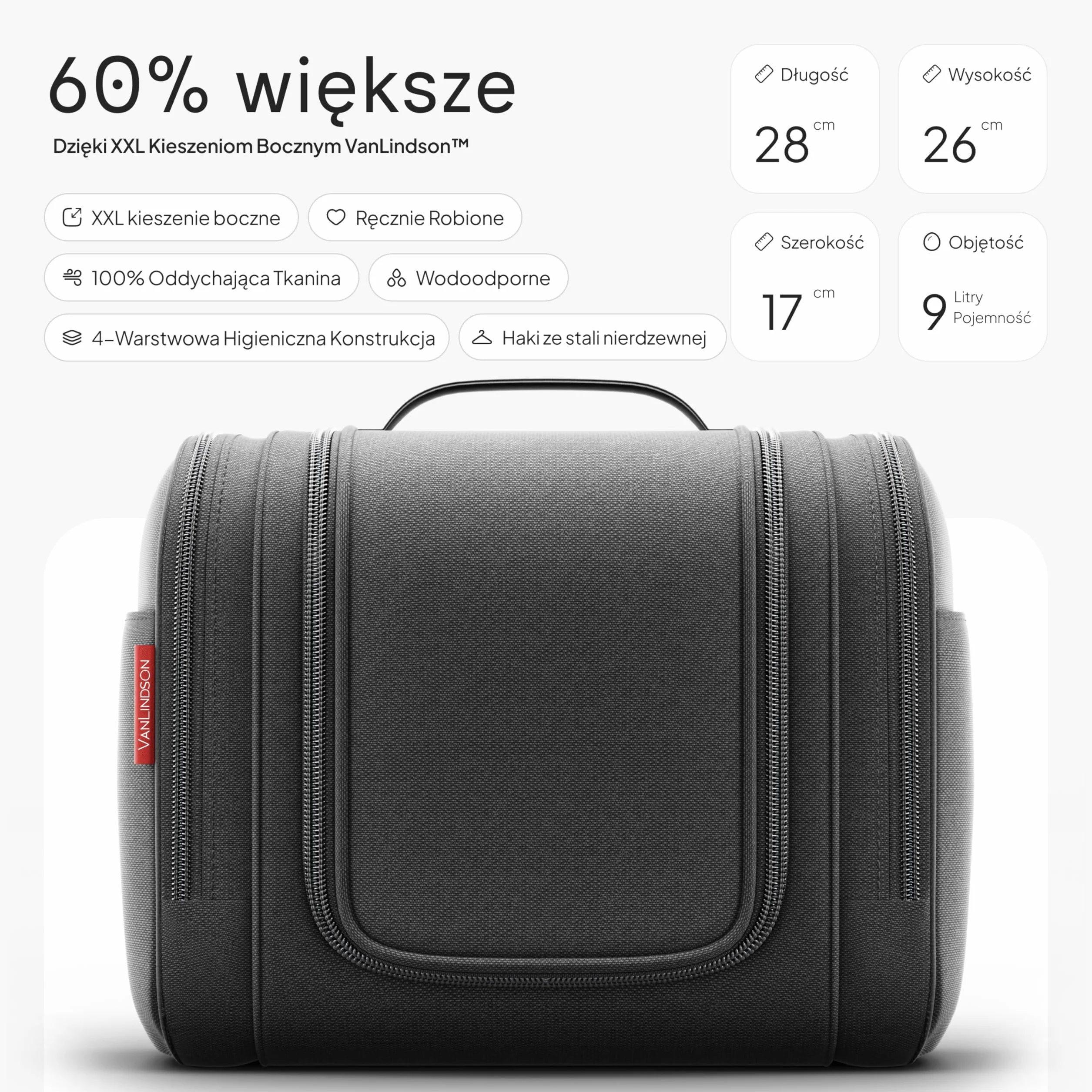 VanLindson Kosmetyczka Podróżna XXL dla Kobiet i Mężczyzn, 9 Litrów, Wisząca Torba Kosmetyczna 3w1, Duży Wodoodporny Organizer na Kosmetyki, Torba Toaletowa, Czarny Mat