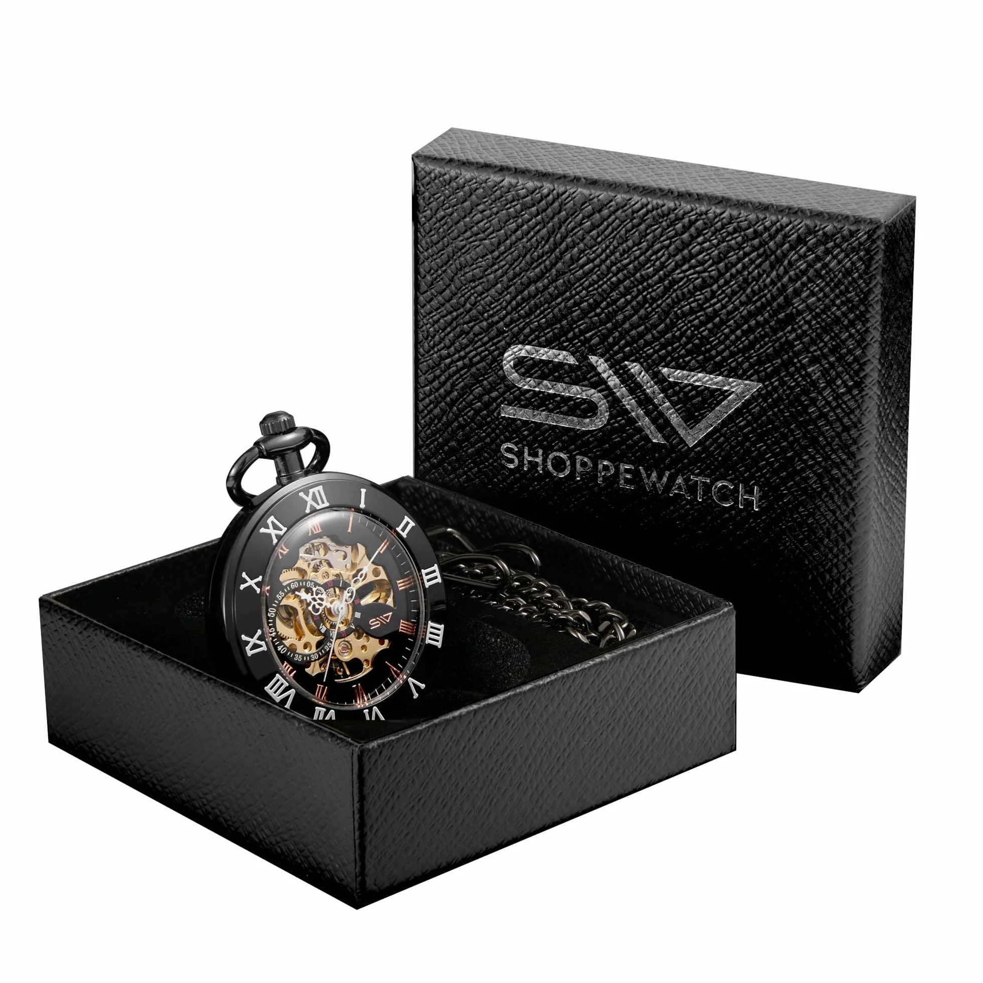 ShoppeWatch Męski zegarek kieszonkowy z łańcuszkiem | nakręcany zegarek kieszonkowy | otwarta tarcza, przezroczysty mechanizm mechaniczny, zegarek kieszonkowy i łańcuszek, akcesoria do kostiumów