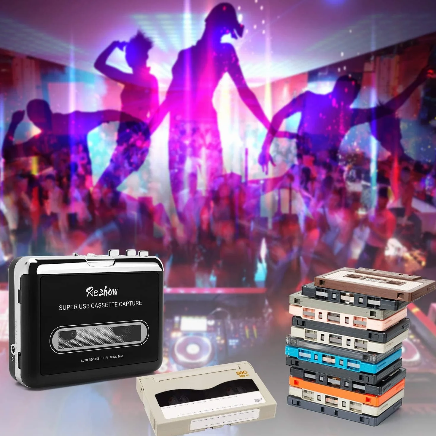 Reshow Przenośny odtwarzacz kasetowy, nagrywanie muzyki MP3 przez USB, konwersja kaset na format MP3 (Czarny)