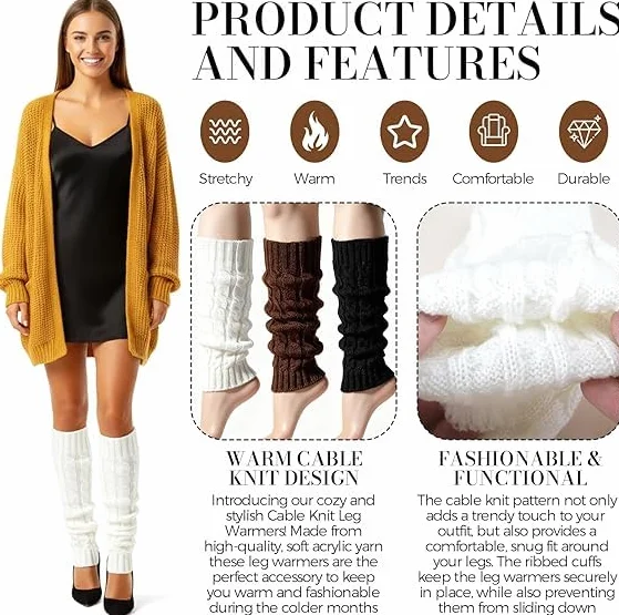 3 pary damskich getrów, skarpety szydełkowe, leg warmers Y2K, overknee ocieplacze na nogi, getry dla panów dziewczynek, skarpety do butów na łydki do baletu jazdy na łyżwach, outfit z lat 80