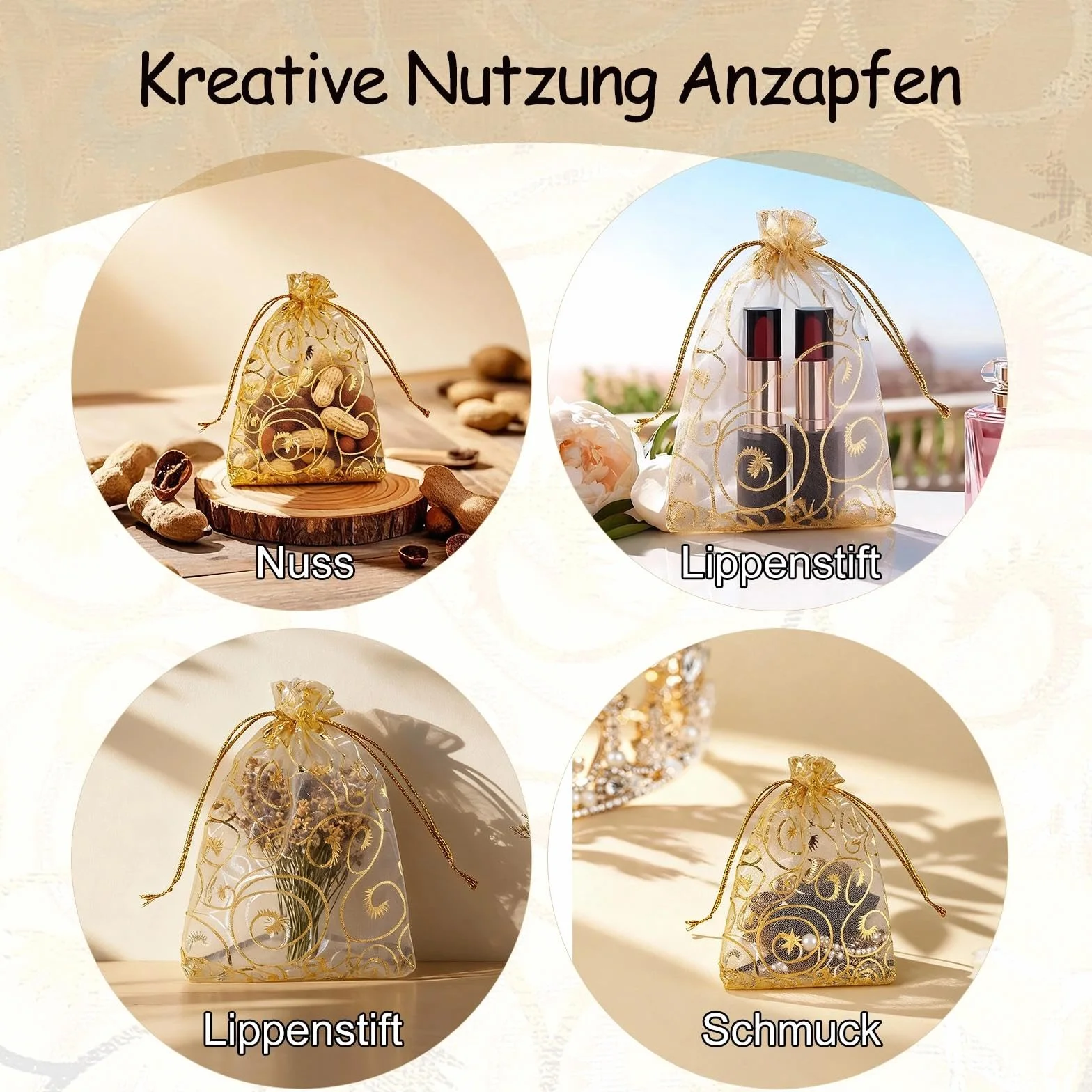 100 Sztuk Złotych Woreczków z Organzy, 10 x 15 cm, Nadruk, Woreczki na Biżuterię, Torebki Prezentowe, Ślubne Woreczki ze Sznurkiem, na Festiwal, Urodziny, Imprezę