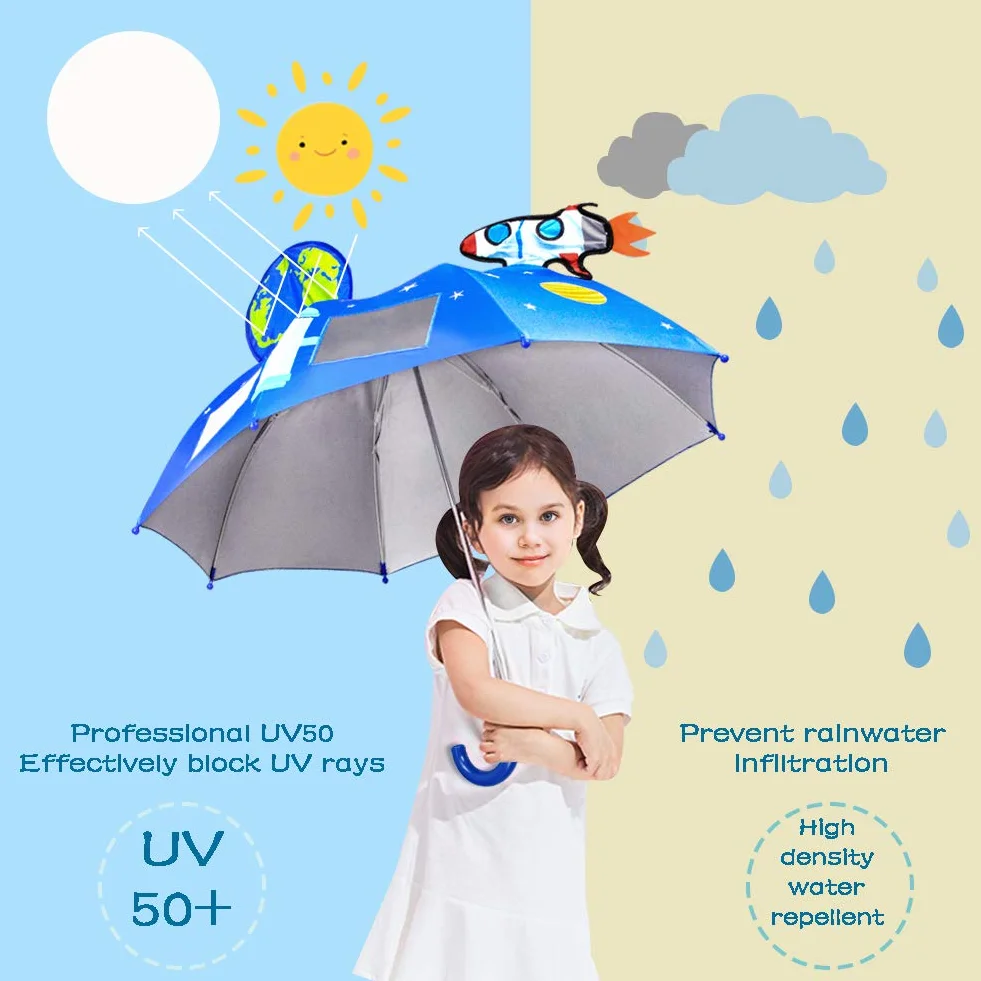 CAPMESSO Kids Umbrella Boys 3D - Boys Parasol Space Astronaut Umbrella UV 50+ Protection, Windproof, Suit for School Kids, Kindergarten Kids, Gift for 3-6 Years Girls, Boys