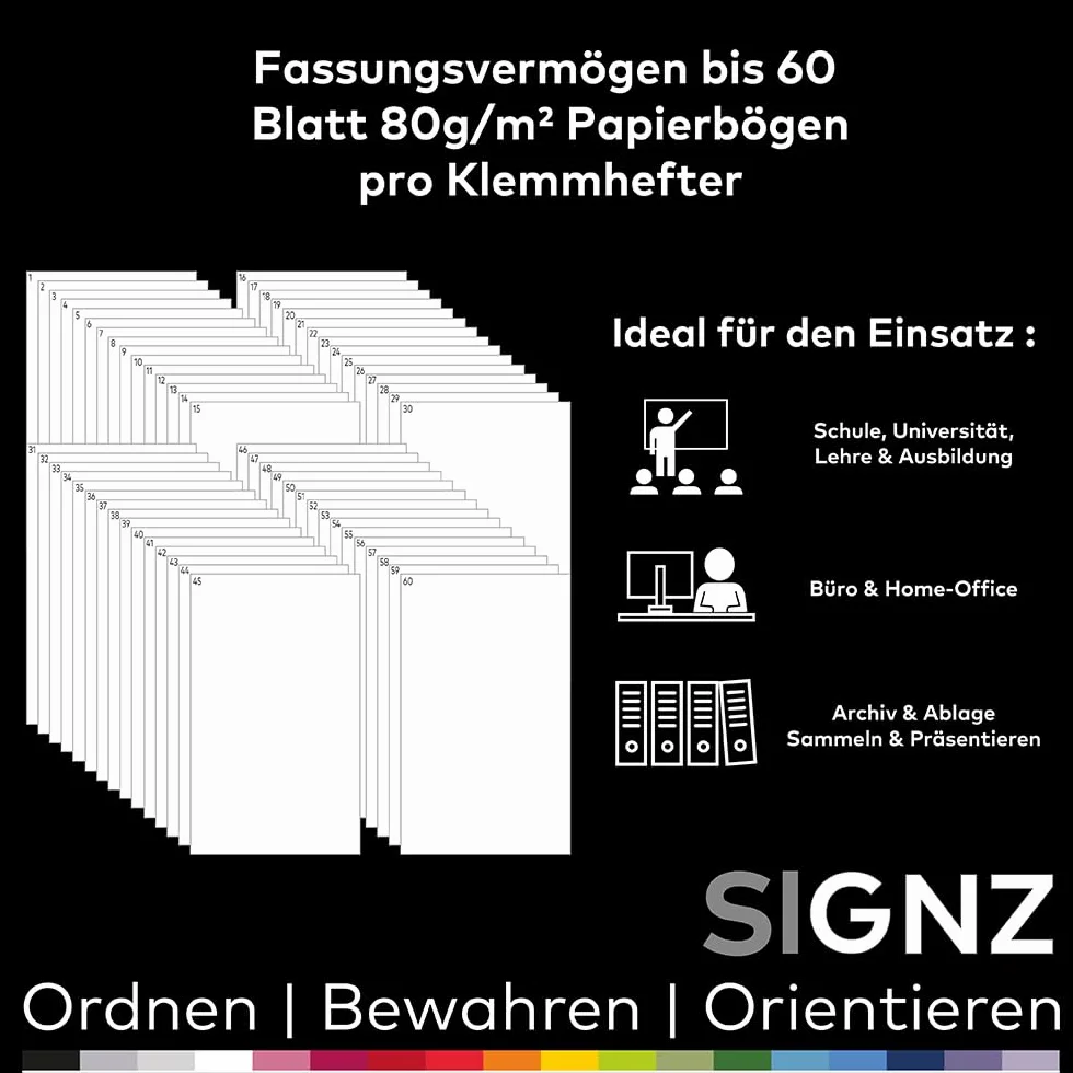SIGNZ Segregator zaciskowy DIN A4, 5 sztuk, czarny, na 60 arkuszy, neutralny pod względem emisji CO2, wyprodukowano w Niemczech