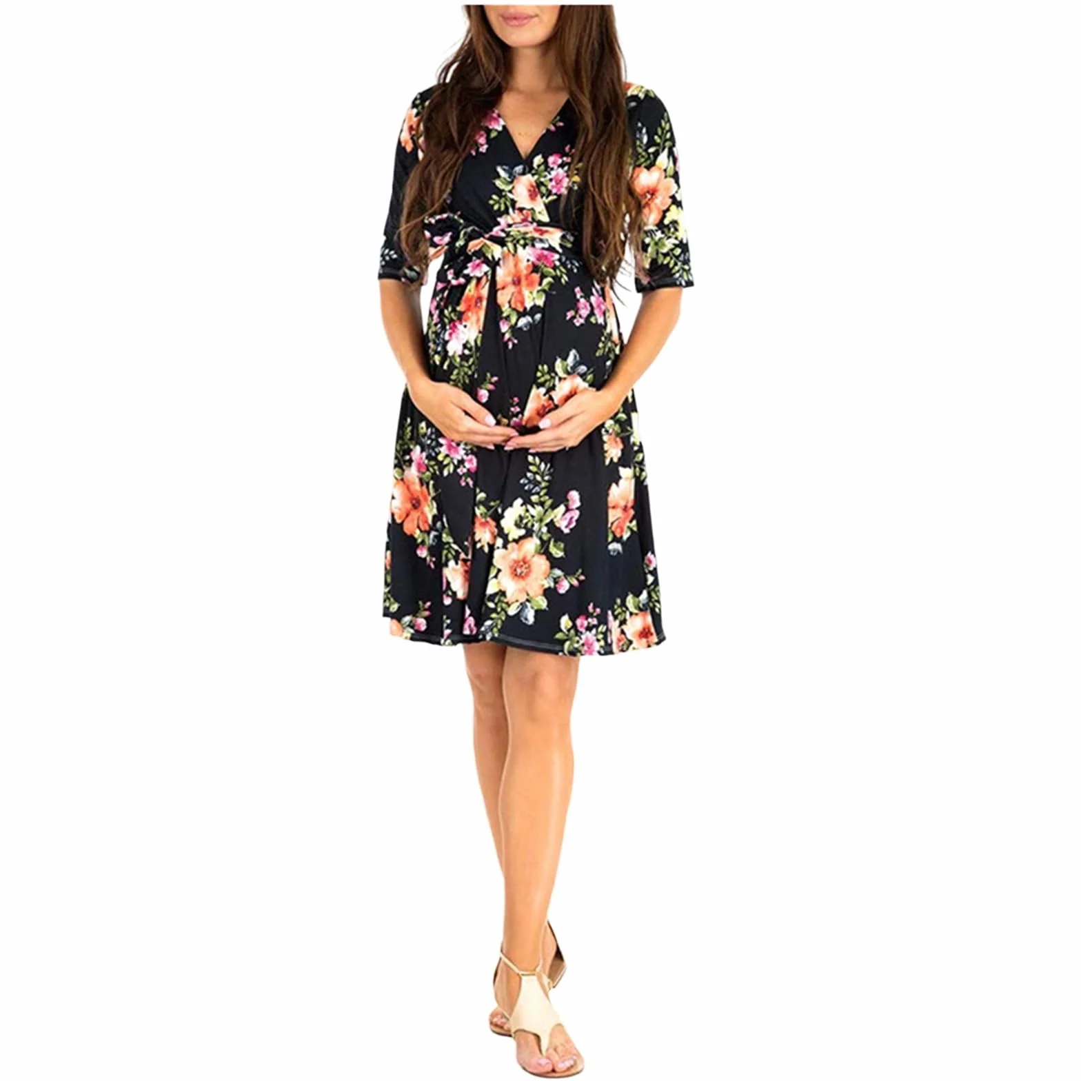 Sukienka Ciążowa Z Półrękawem Polka Dot Print Luźny Krój Odzież Ciążowa V Neck Sukienki Ciążowe Z