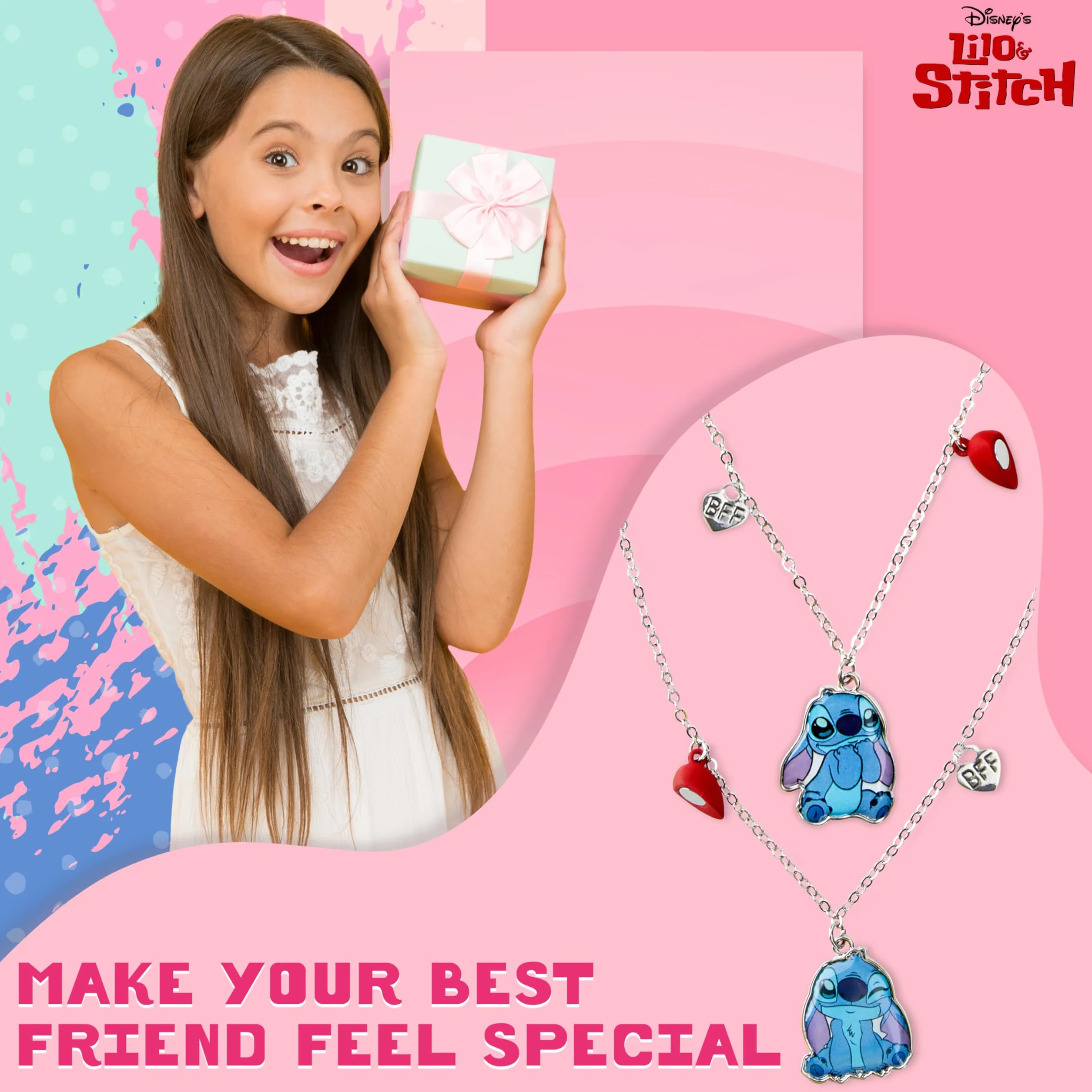 Disney Zestaw biżuterii dla dziewcząt Stitch, naszyjnik przyjaźni kolczyki bransoletka pierścionki-prezenty ściegu (srebrne 2 naszyjniki)