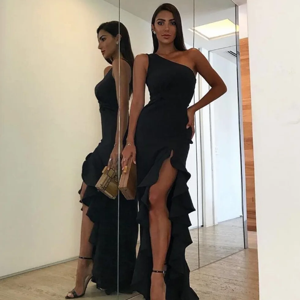 Elegancka sukienka damska, długa sukienka wieczorowa, jedno ramię, jednolity kolor, wysoka sukienka z rozcięciem, sukienka bez rękawów, seksowna sukienka bodycon, suknie koktajlowe, wesele,