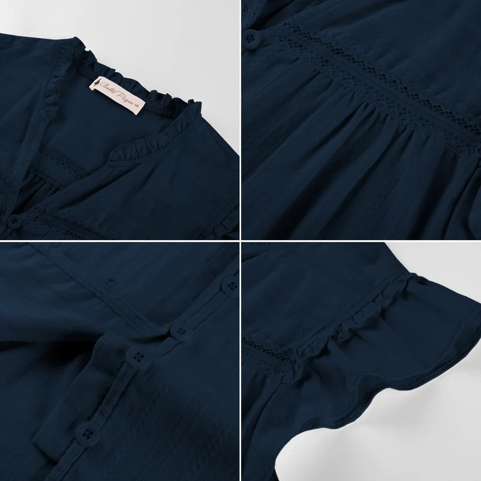 Belle Poque Damska bawełniana koszula marszczona Henley dekolt w serek trzepotliwe rękawy oczko detal guzik przód na co dzień letnia bluzka teksturowany top
