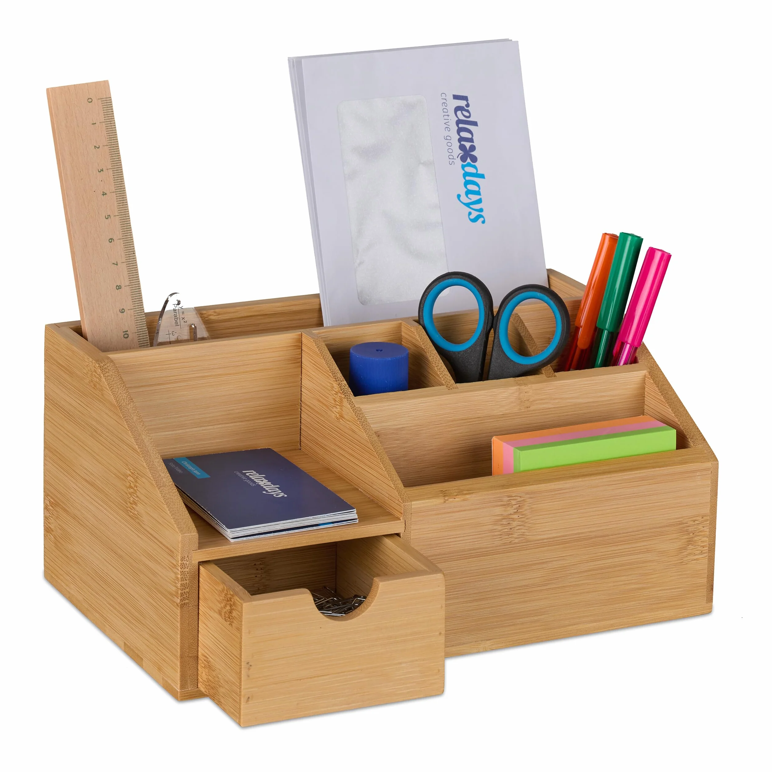 Relaxdays Organizer na biurko, z szufladą, 6 przegródek, z bambusa, wys. x szer. x gł.: 11 x 24,5 x 15 cm, organizer biurowy, naturalny