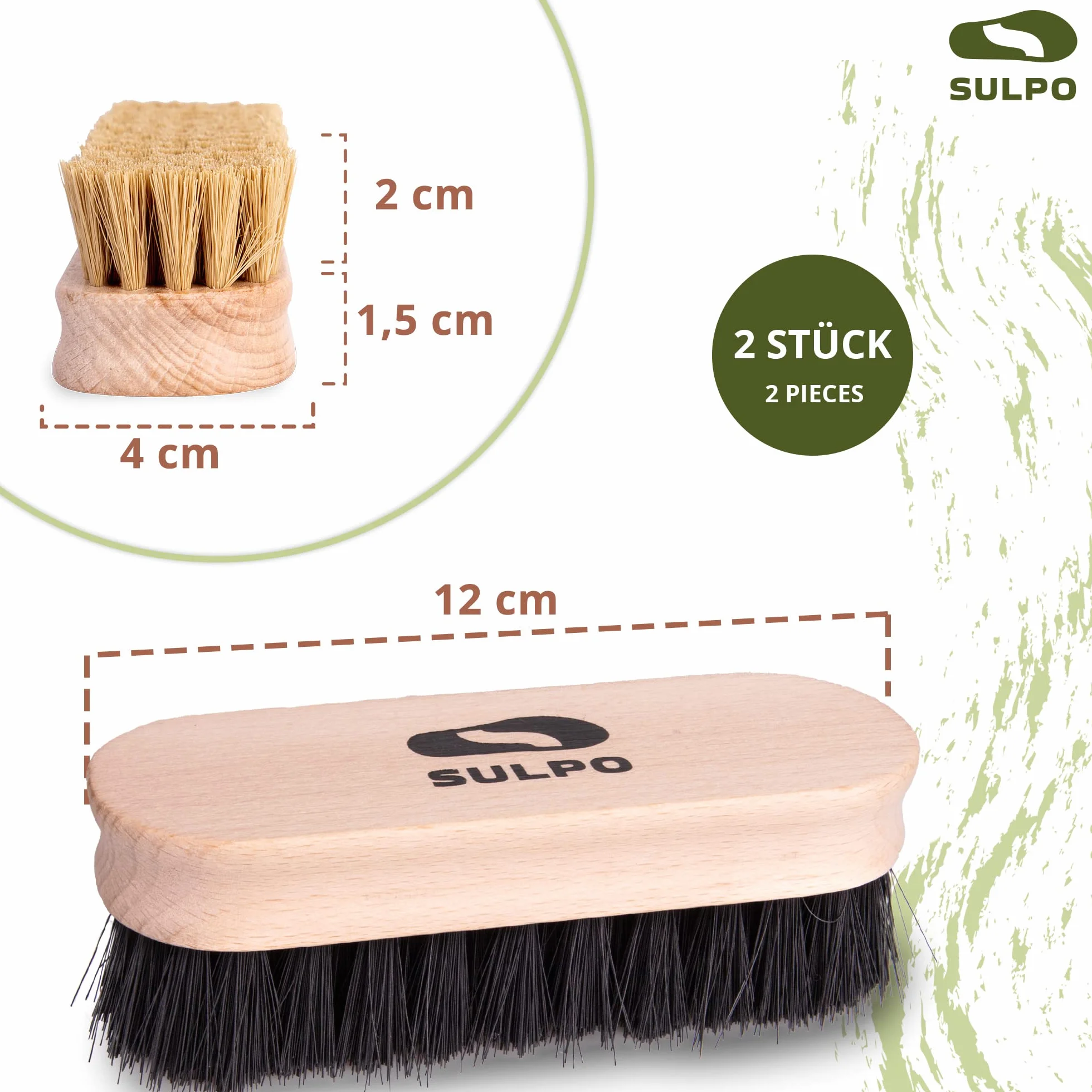 SULPO Zestaw szczotek do butów z miękkim włosiem - Szczotki do czyszczenia i polerowania obuwia - Zestaw 2 sztuki - Kolor naturalny i czarny 12 cm