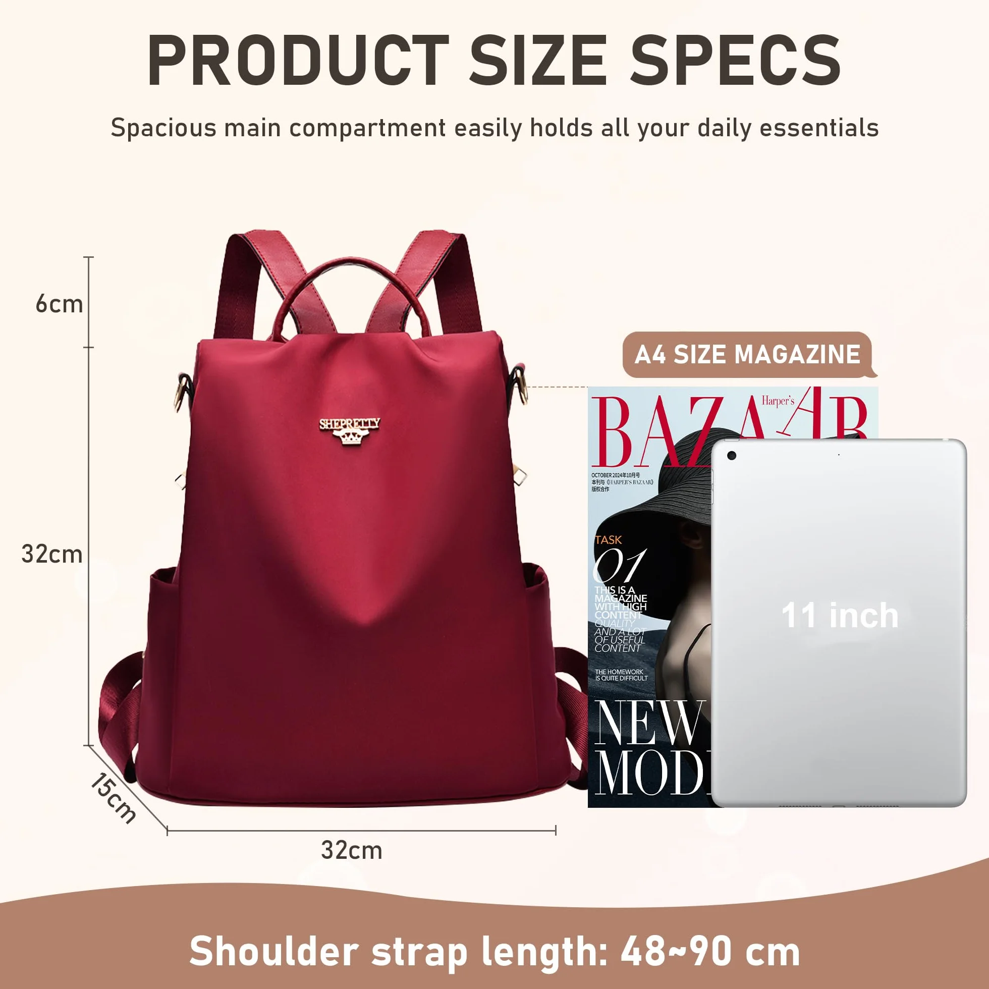shepretty Plecak antykradzieżowy dla kobiet, 8864czerwony-3, 32 * 14 * 33cm, Praktyczny, prosty, elegancki
