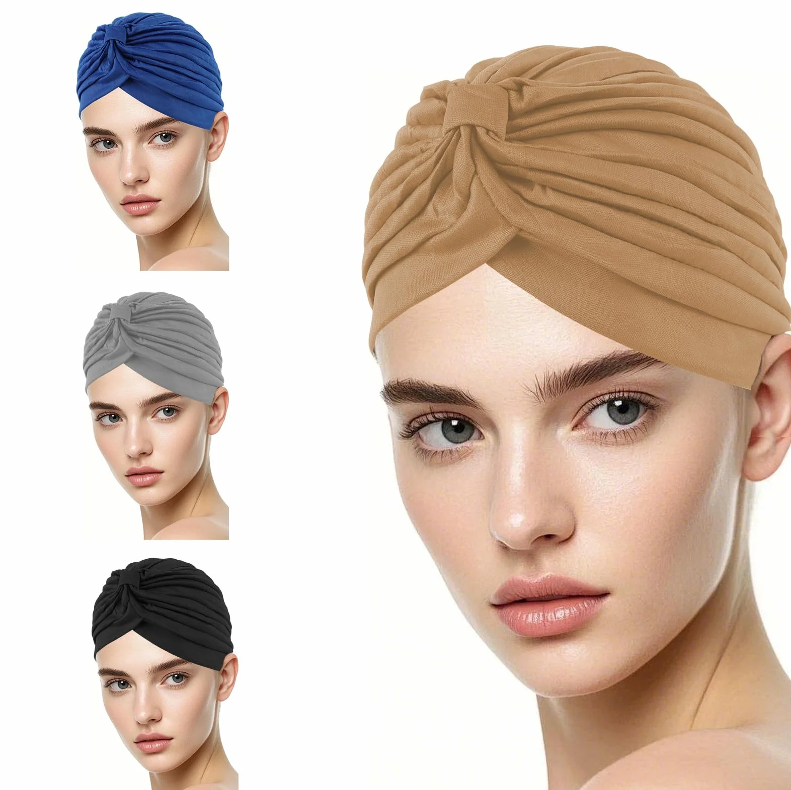 Zestaw 4 damskich turbanów, wiązane chusty na głowę z bawełny i elastanu – składane nakrycia głowy do wypadania włosów, chemioterapii, czapki letnie w 4 kolorach, dla elegancji i komfortu