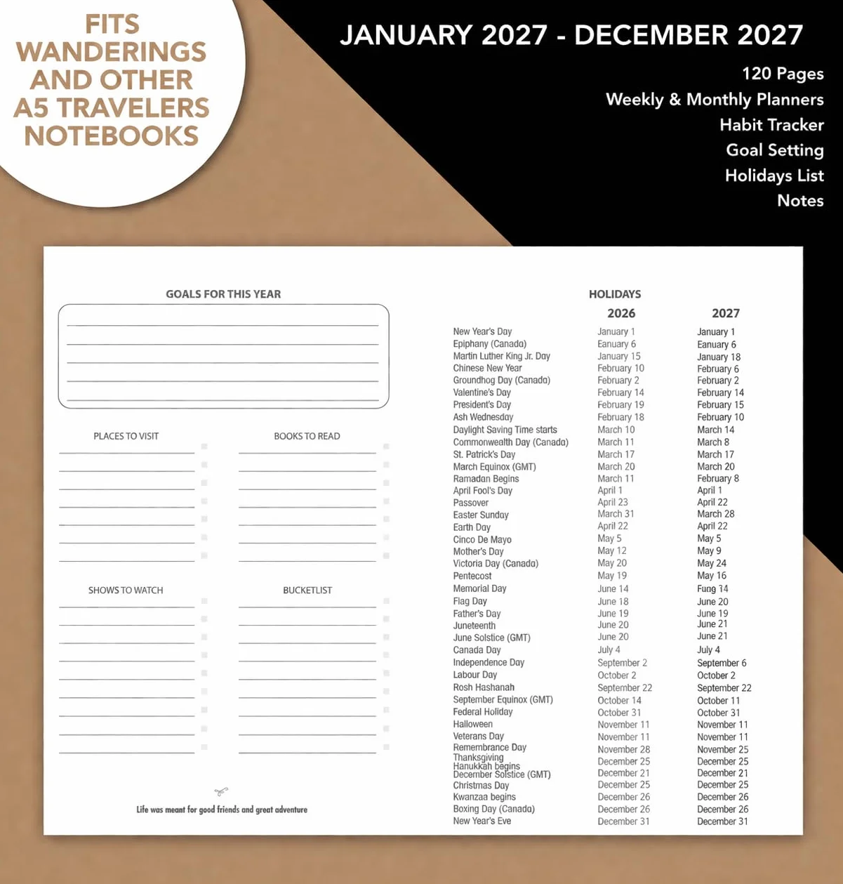 Wanderings Wkłady Uzupełniające do Kalendarza A5 Traveler's Notebook, 5,8 x 8,4 (14,2 x 21 cm), Stycznia 2027 -Grudnia 2027, Wkłady do Planera Skórzanych Dzienników Podróżnych, Pamiętników I Plannerów