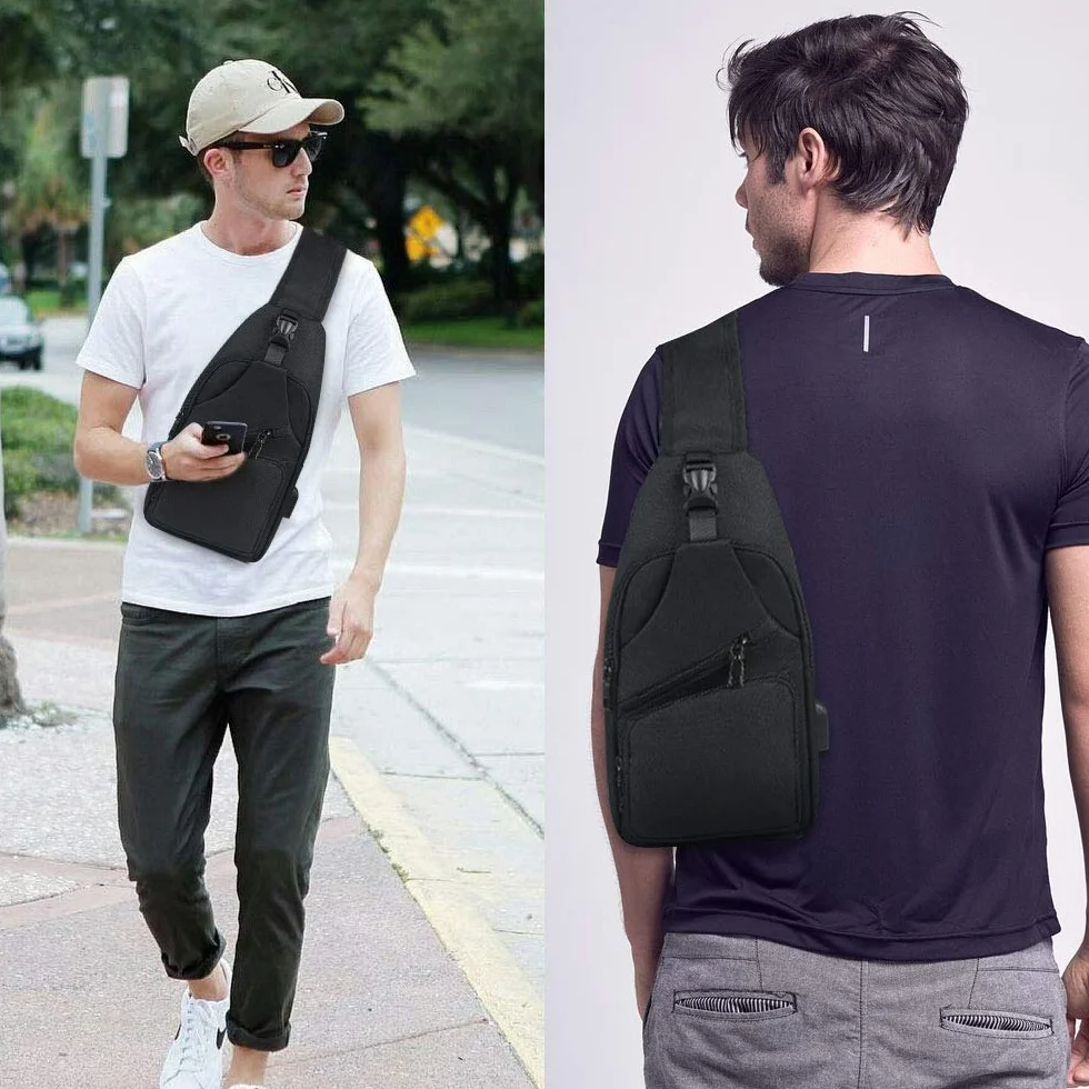 flintronic Torba na ramię, torba na klatkę piersiową z portem ładowania USB, dla mężczyzn i kobiet, lekka torba crossbody, do wędrówek, jazdy na rowerze, podróży