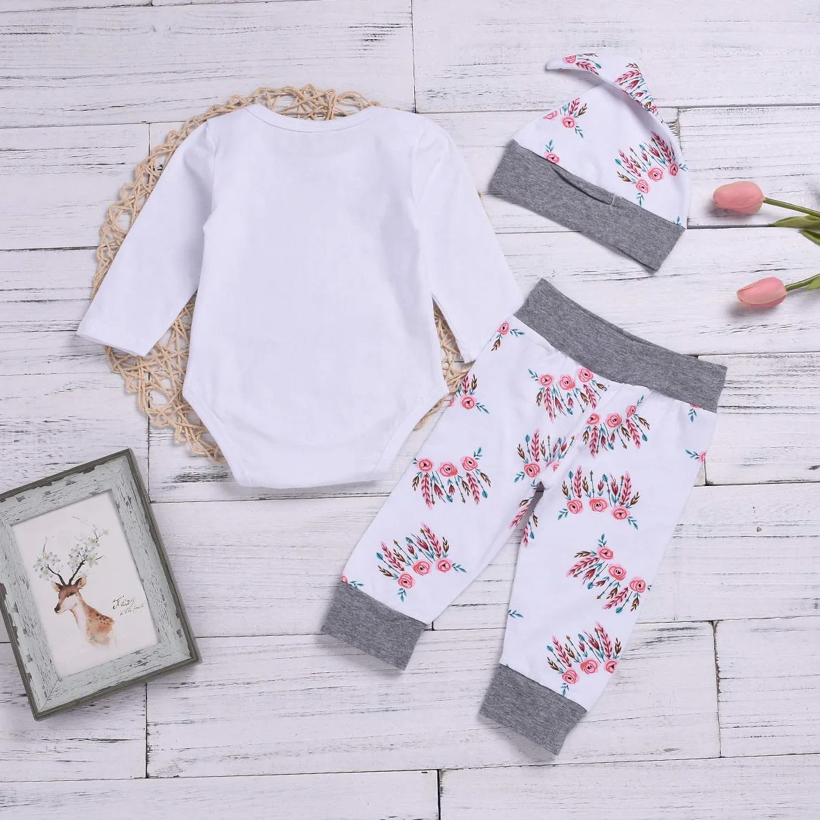 Baby Girl Ubrania Ciocia Bestie Romper Top + spodnie kwiatowe + czapka 3-częściowy zestaw ubrań dla niemowląt