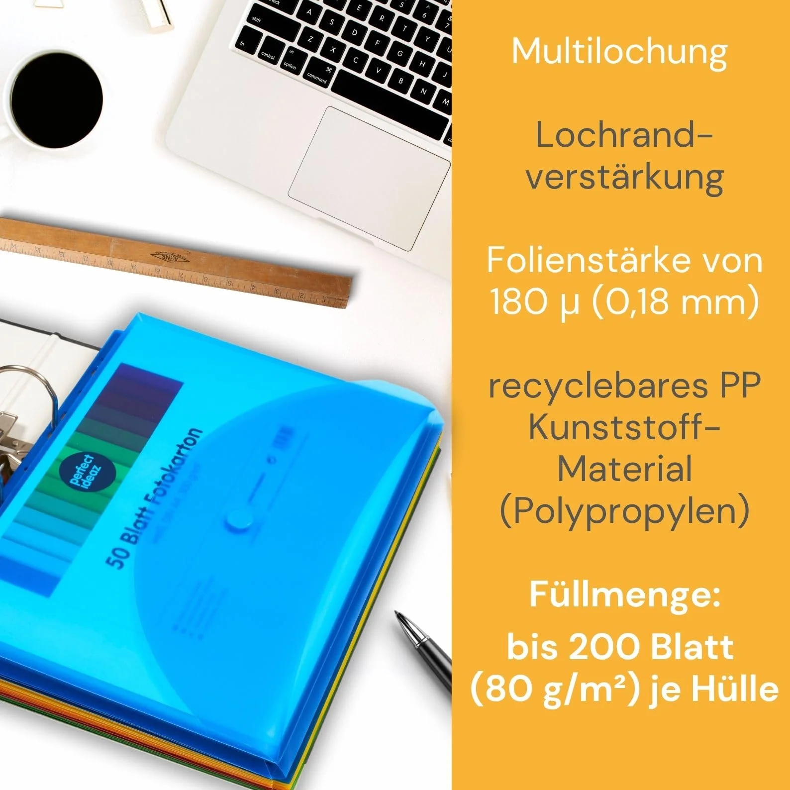 perfect line 10 kieszeni na dokumenty DIN-A4, wysokość wypełnienia 20 mm, półprzezroczyste i kolorowe tworzywo sztuczne, perforowane z klapką, zapięciem na rzepy
