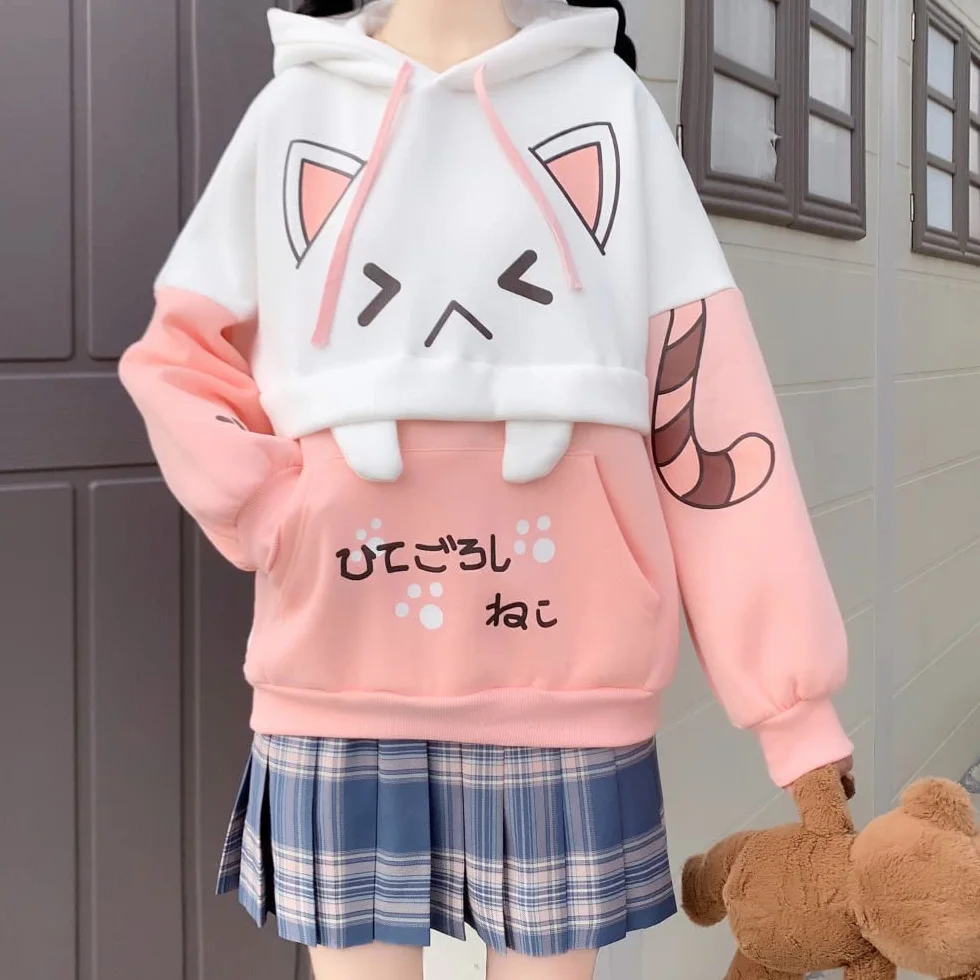 Himifashion urocza bluza z kapturem nastolatki kawaii nadruk kota sweter z kapturem topy plus aksamitna bluza luźne ciepłe bluzy z kapturem, różowy, Rozmiar uniwersalny