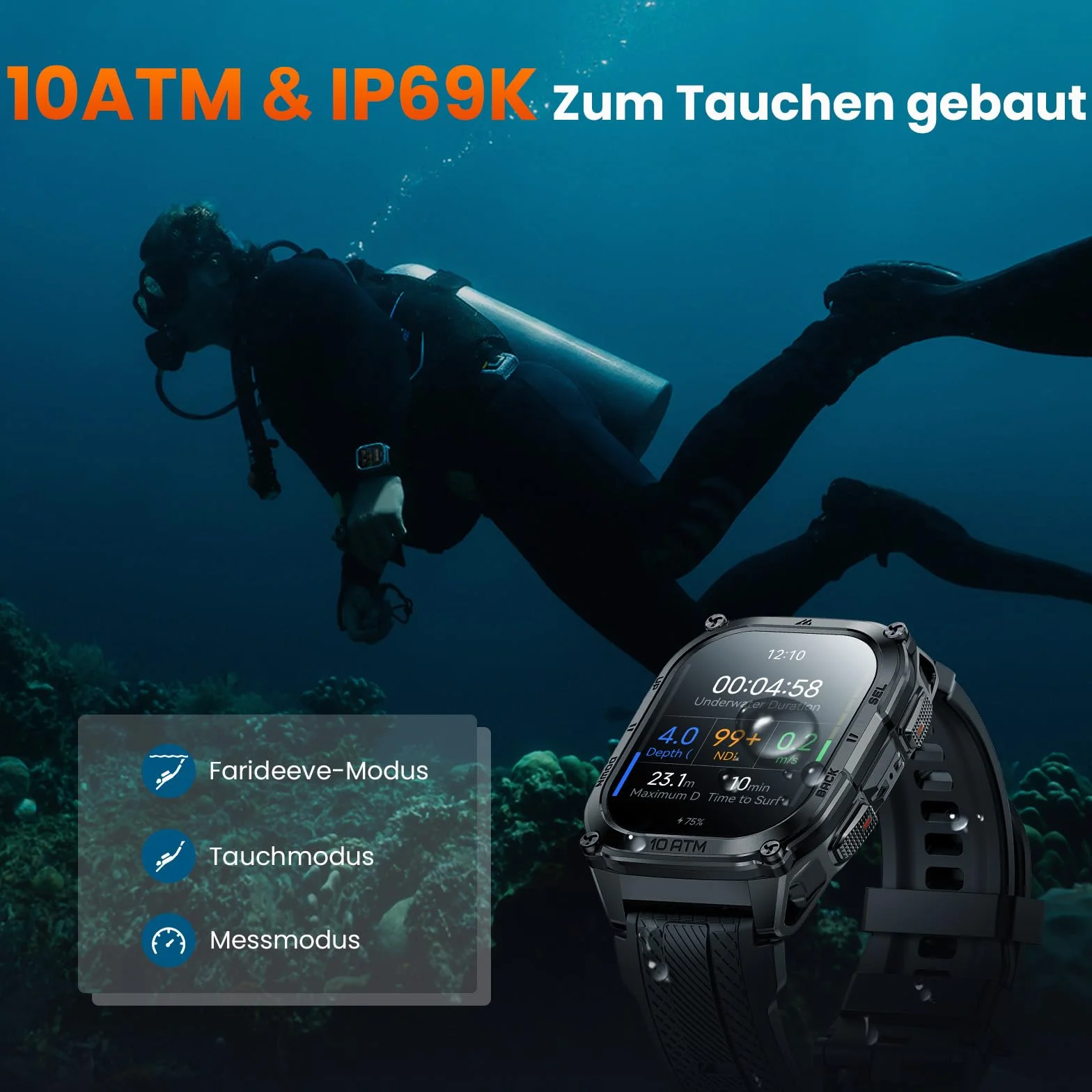 KOSPET Tank M4 Smartwatch męski, pełna stal nierdzewna, 6 satelitów i map offline, 10 atm nurkowy 45 m, bateria 50 dni, połączenia Bluetooth, monitor zdrowia 24/7,1,96" AMOLED, Android i iOS (czarny
