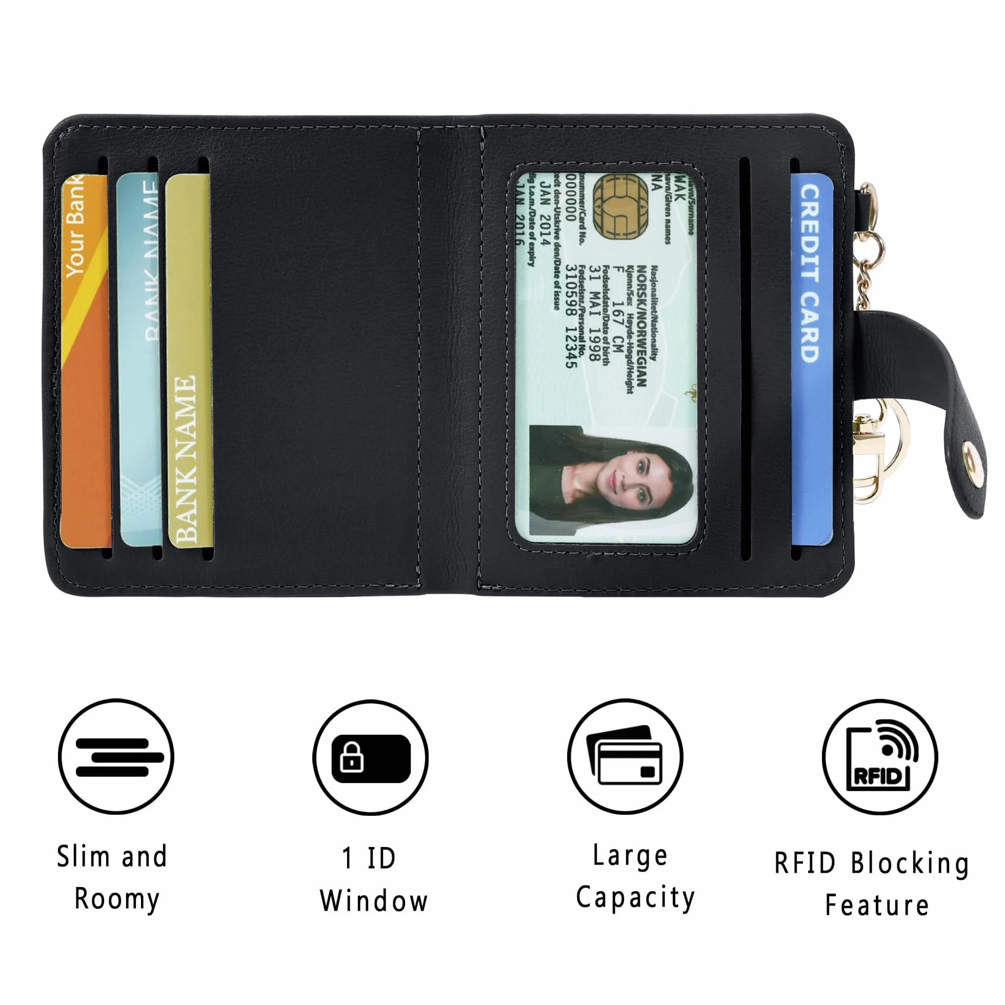 Mały portfel damski, z ochroną RFID, skórzany, mini portmonetka dla kobiet, etui na karty z breloczkiem do kluczy, okienko z dowodem tożsamości, portfel na karty damski, mini portfel na karty z