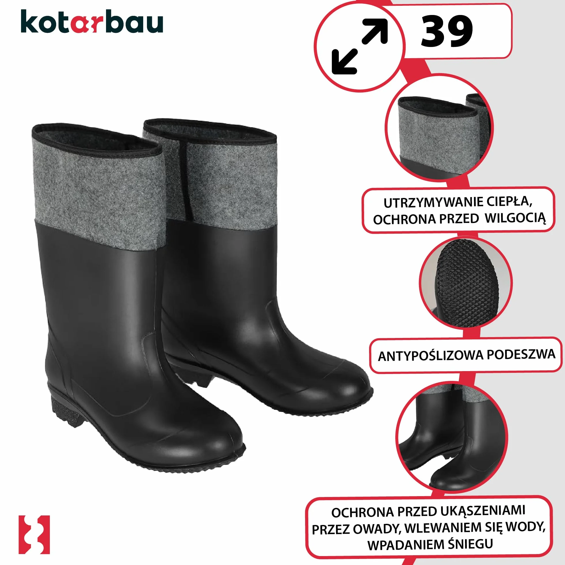 KOTARBAU Kalosze filcowe, uniseks, buty robocze, kalosze robocze, wodoodporne, zimowe